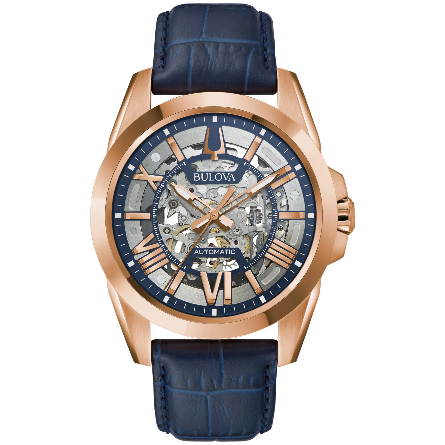 Bulova Mens Sutton Automatic Watch 43mm Rose Gold-Tone Stainless Steel Case Blue Leather Strap with Blue Dial
