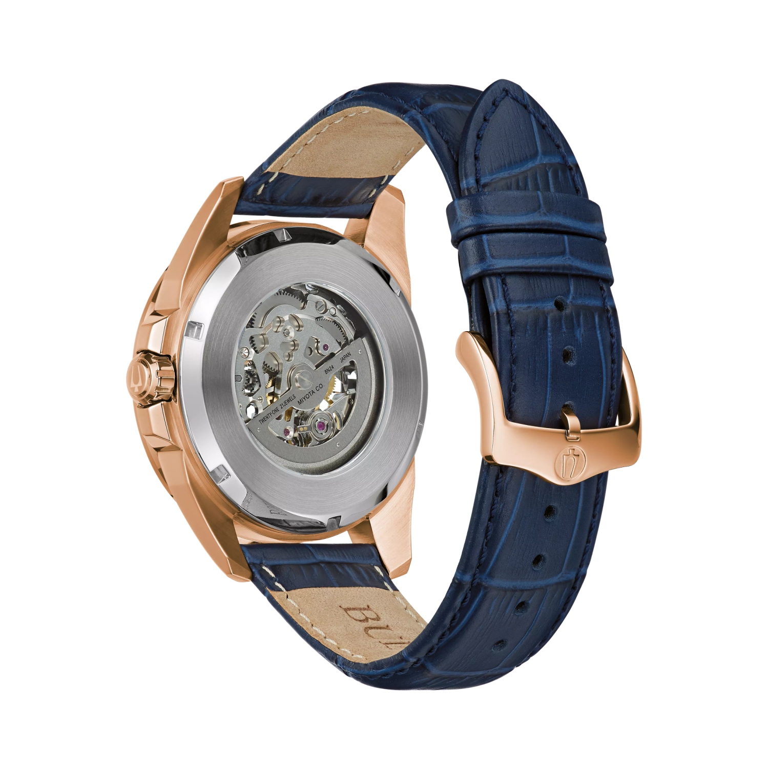 Bulova Mens Sutton Automatic Watch 43mm Rose Gold-Tone Stainless Steel Case Blue Leather Strap with Blue Dial
