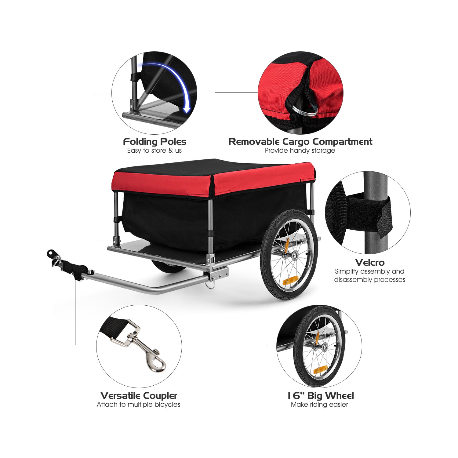 Costway Bike Cargo / Luggage Trailer w/ Folding Frame & Quick Release Wheels Red/Black