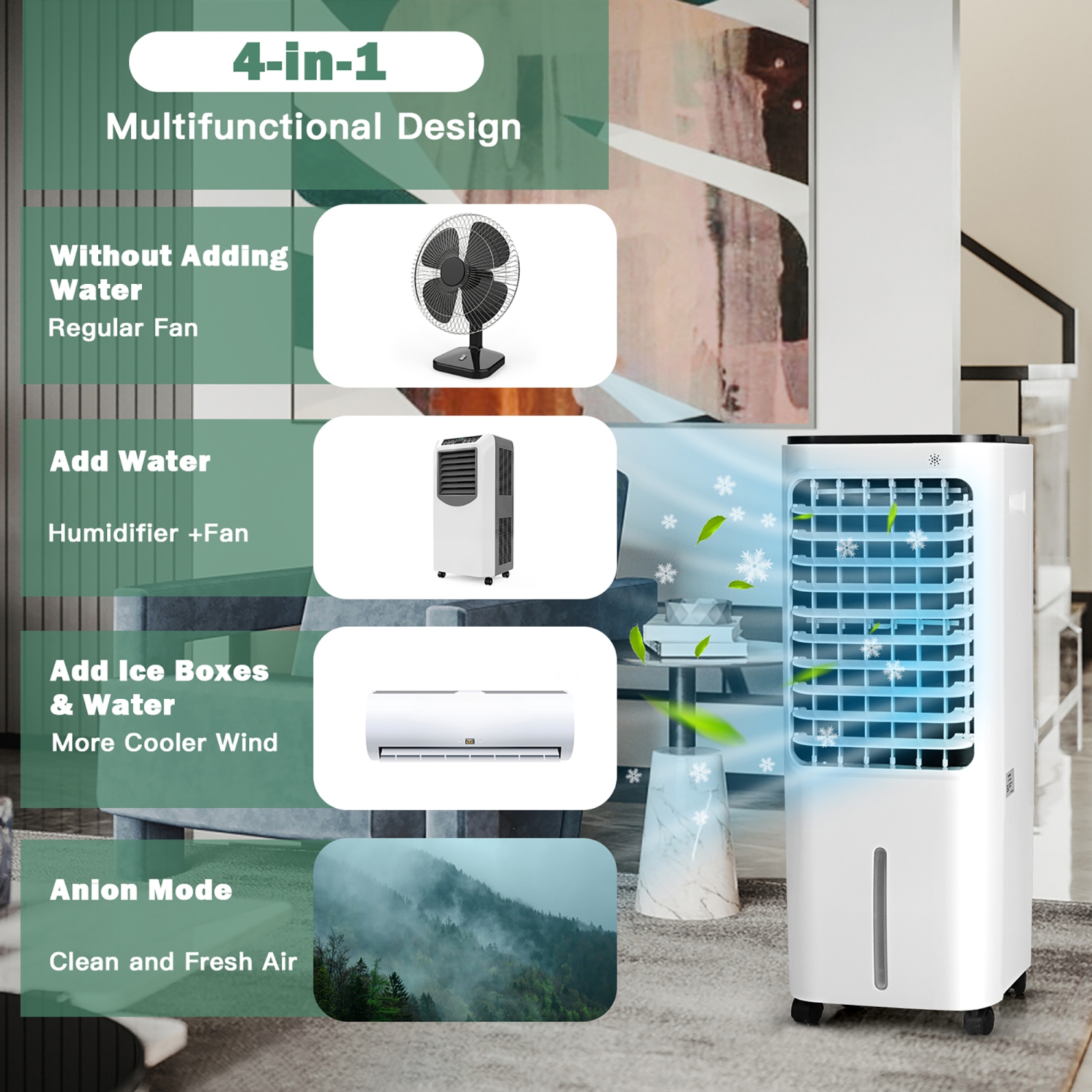 Refroidisseur d'air évaporateur portatif 4-en-1 de Costway réservoir d'eau 12 L 4 bacs à glaçons
