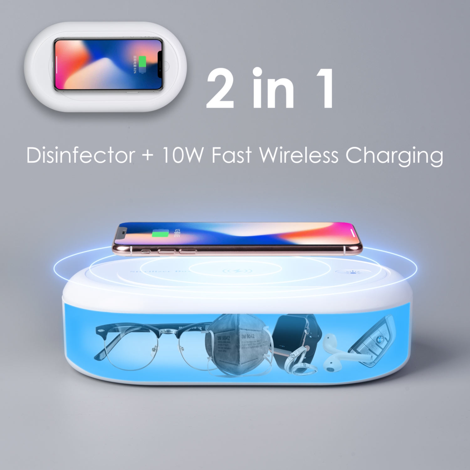 MYNE Double UV Sterilizer, Rapid Wireless Smart Phone Charger with Aromo Therapy, White