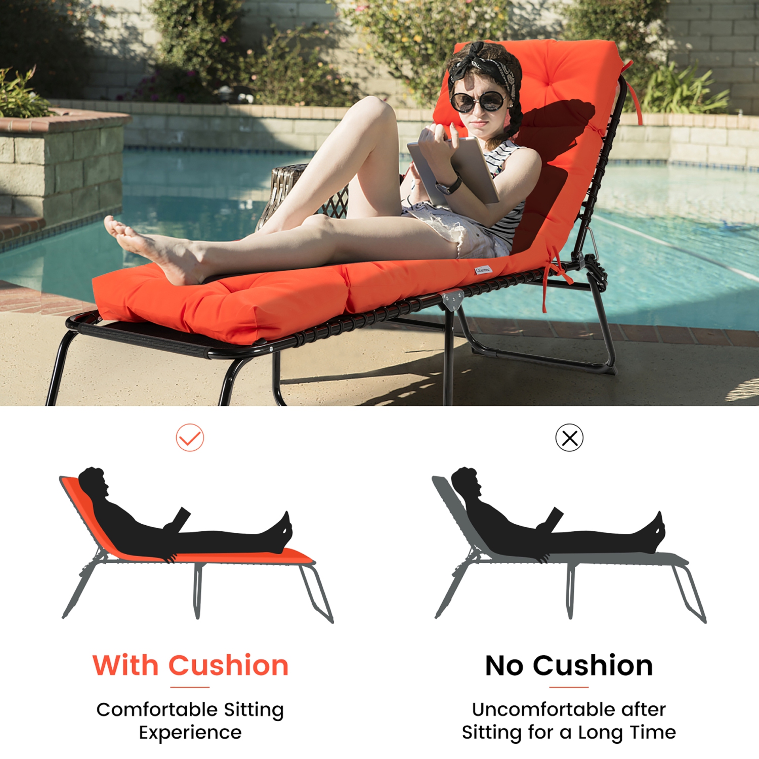 Costway 73" Lounge Chaise Cushion Padded Recliner Cushion Indoor Outdoor Navy\Orange