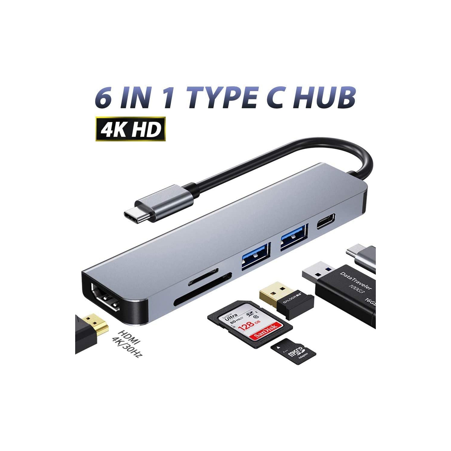Adaptateur multi-port Hub USB C 6 en 1 avec résolution HDMI 4K pour ordinateurs portables USB C Nintendo et autres appareils de type C - axGear