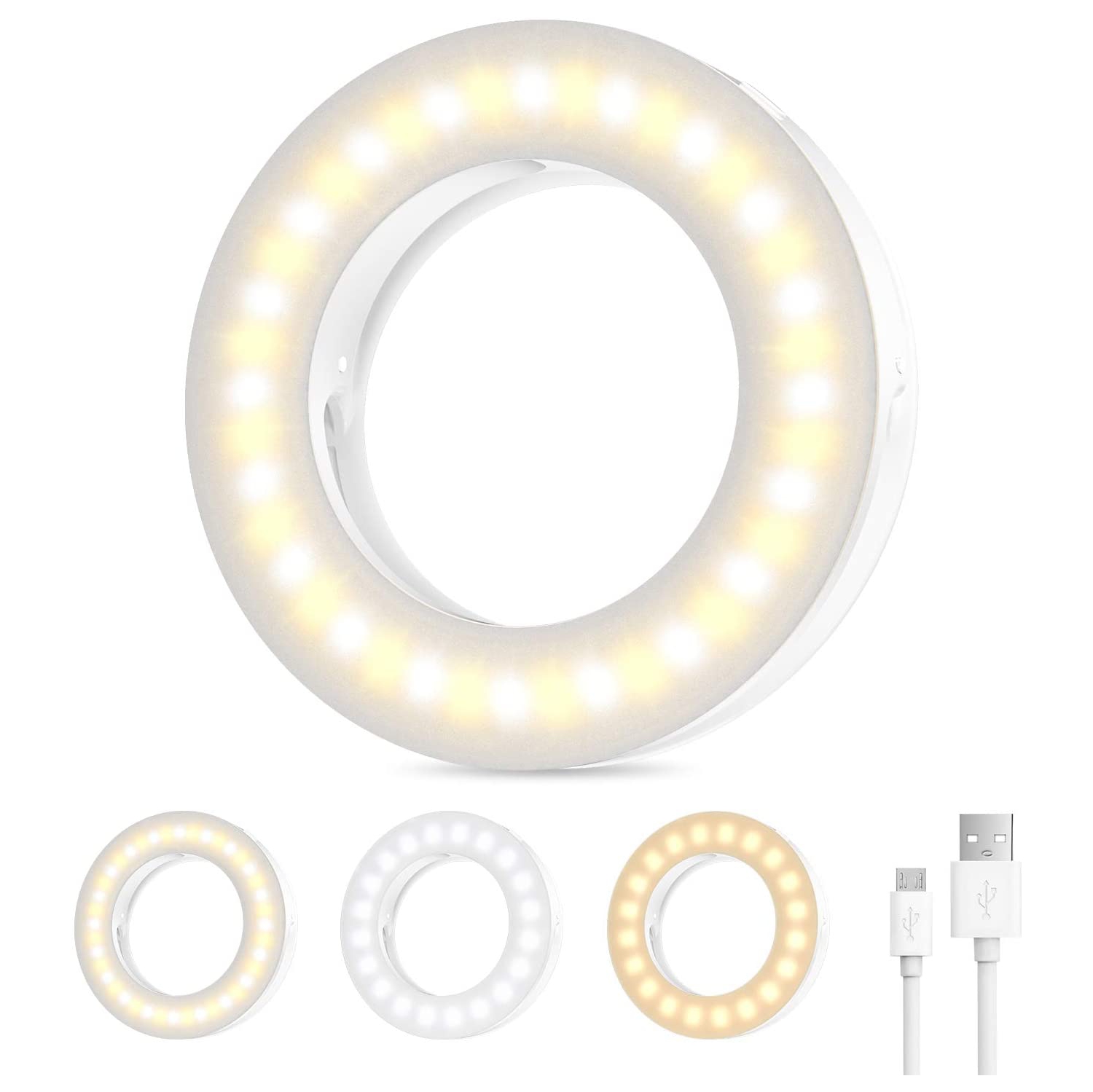 Anneau lumineux pour égoportraits, anneau lumineux à pince pour téléphone, 3 sonneries pour égoportraits avec 40 perles DEL, anneau lumineux pour