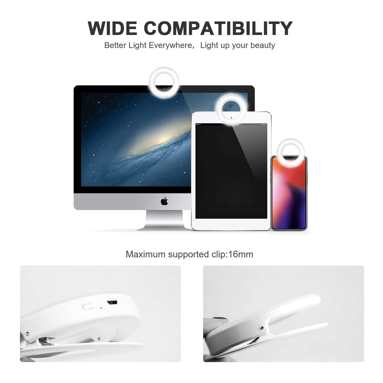 Anneau lumineux pour égoportraits, anneau lumineux à pince pour téléphone, 3 sonneries pour égoportraits avec 40 perles DEL, anneau lumineux pour