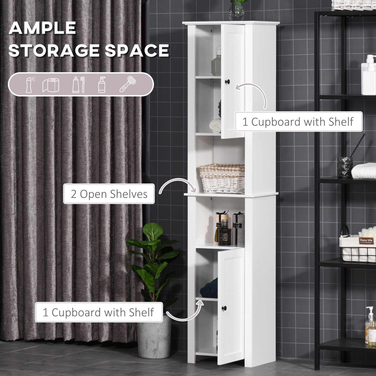 HOMCOM – grande armoire de rangement pour salle de bain, armoire de rangement autonome étroite, armoire de plancher de salle de bain avec 2 tablettes