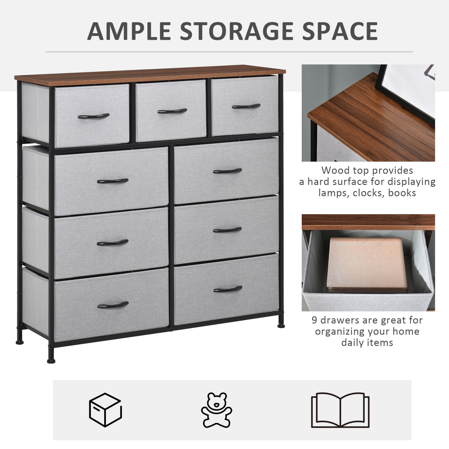 HOMCOM – Commode pour chambre à coucher avec 9 tiroirs, commode en tissu à 4 niveaux, grande tour de rangement pour commode avec cadre en acier et