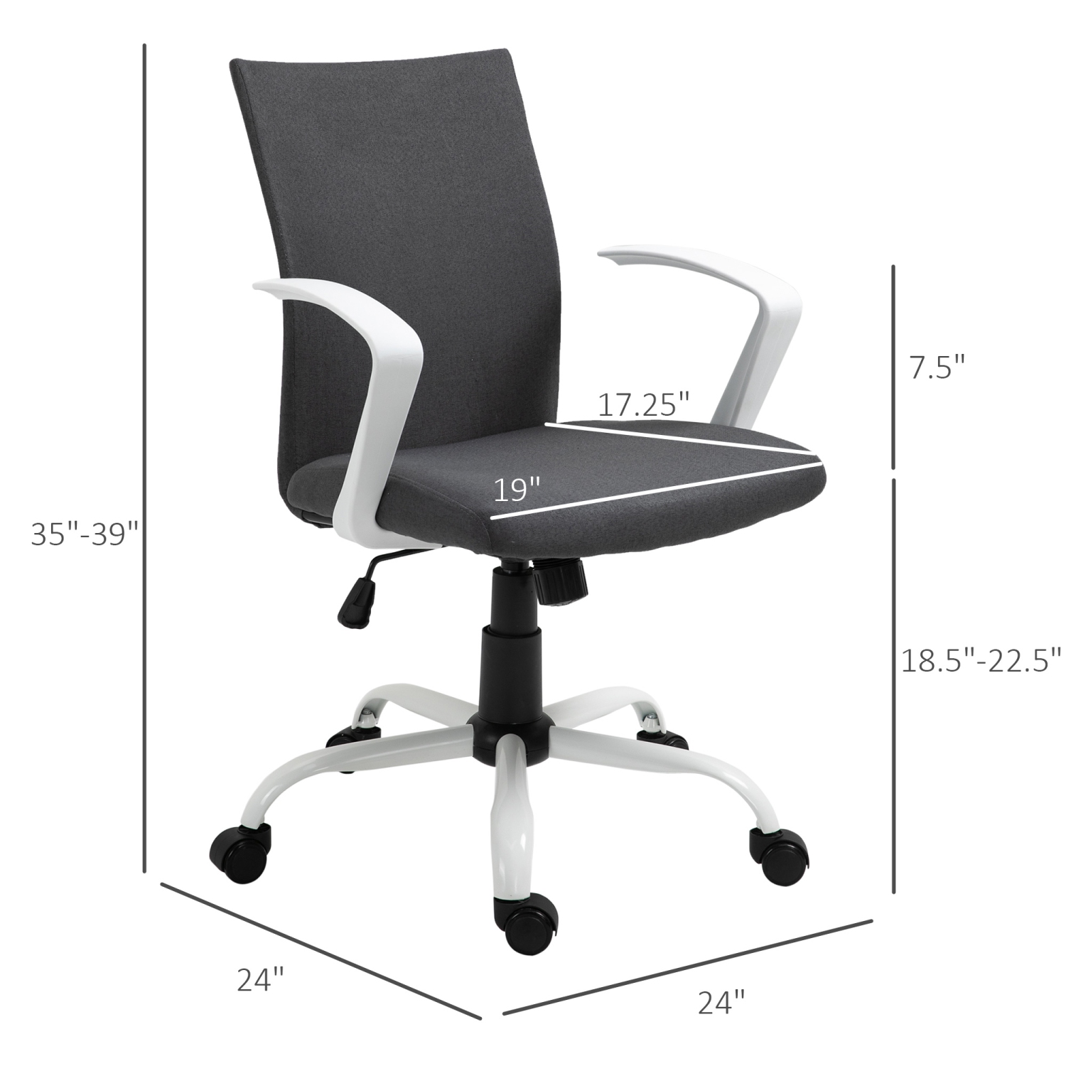 Vinsetto Mid Back Office Chair Linen Swivel Computer Desk Chair Task Chair with Wheels, Arm, Tilt Function, Charcoal Grey