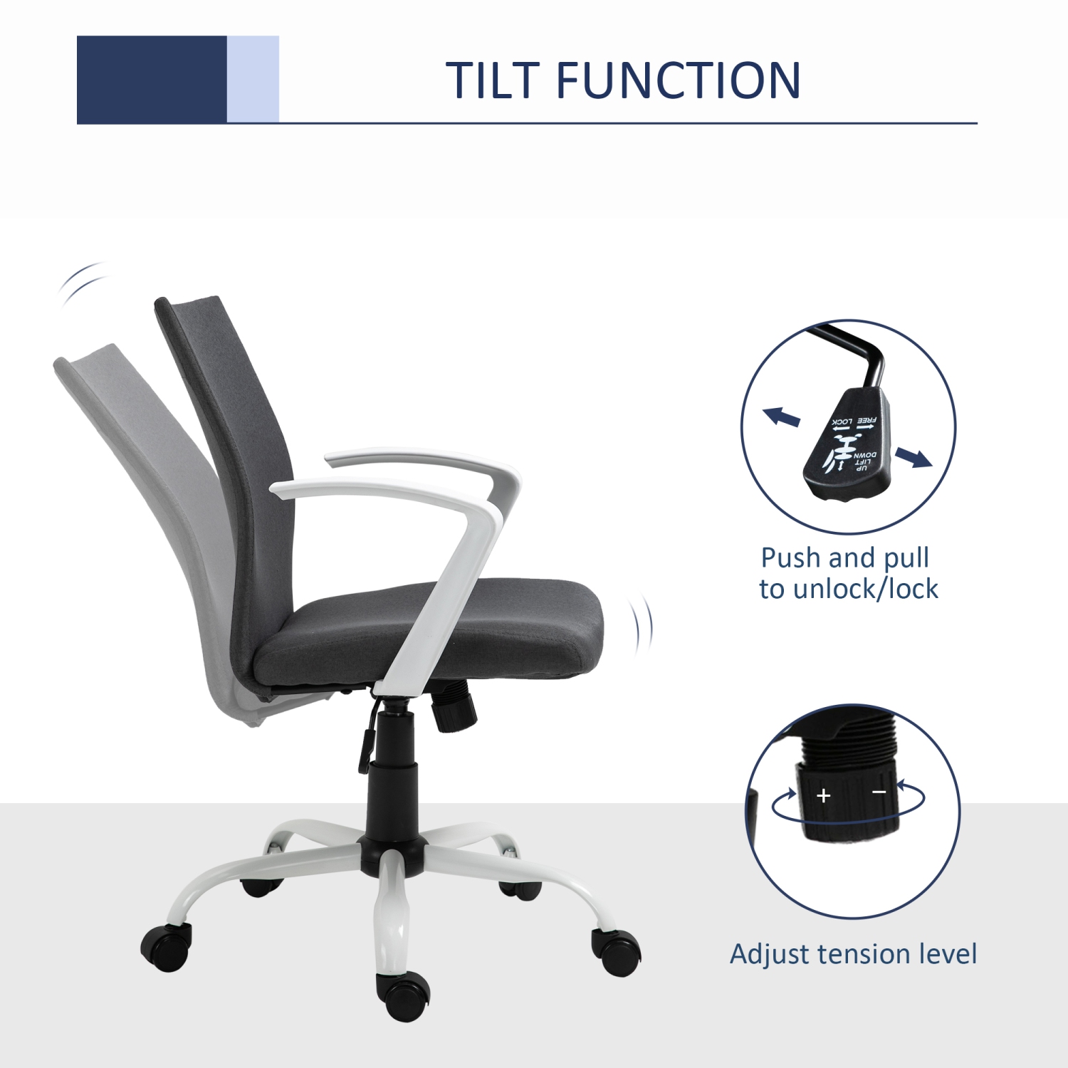 Vinsetto Mid Back Office Chair Linen Swivel Computer Desk Chair Task Chair with Wheels, Arm, Tilt Function, Charcoal Grey