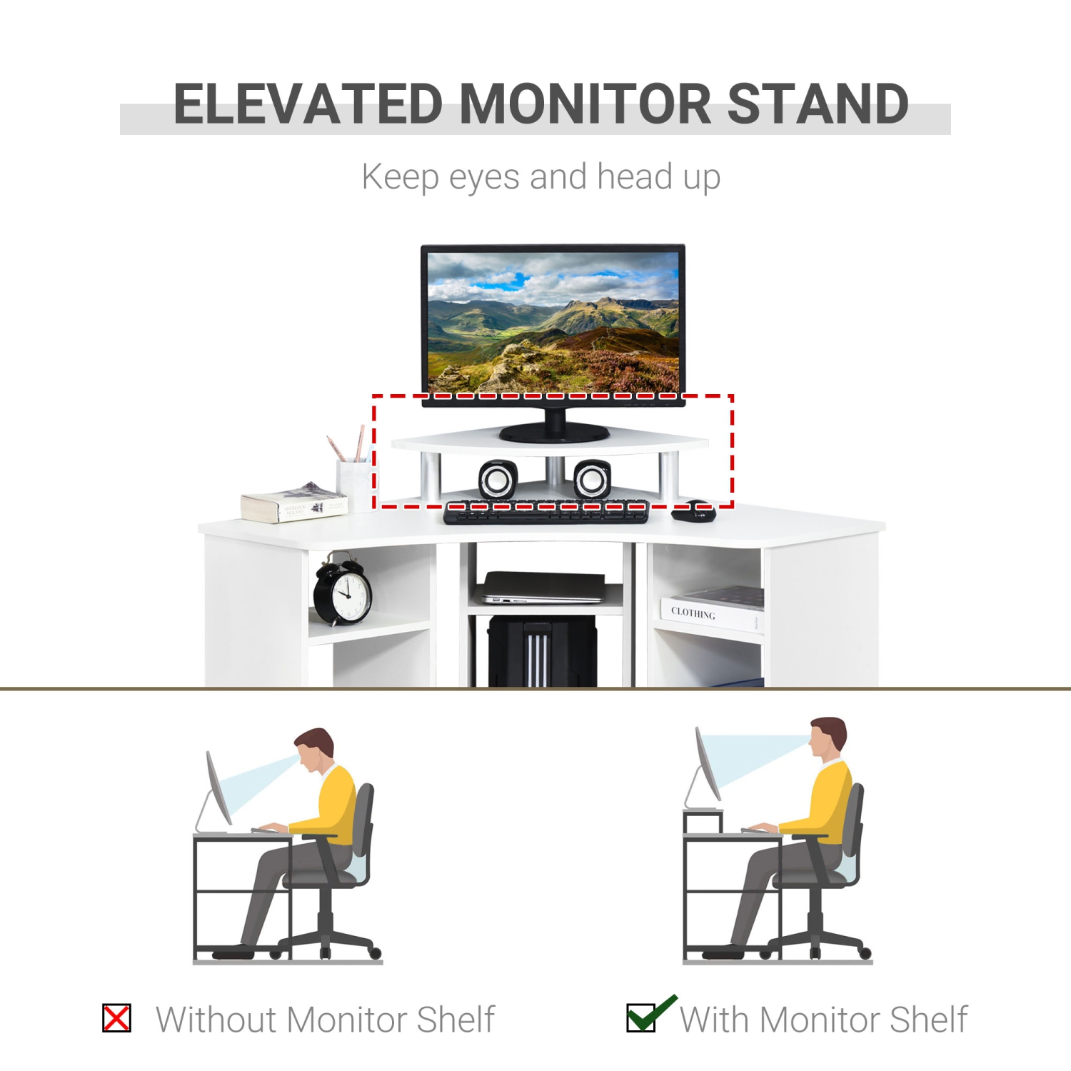 HOMCOM – Bureau d'ordinateur en L de 35 po avec support pour moniteur et tablettes ouvertes, bureau d'angle pour bureau à domicile, blanc
