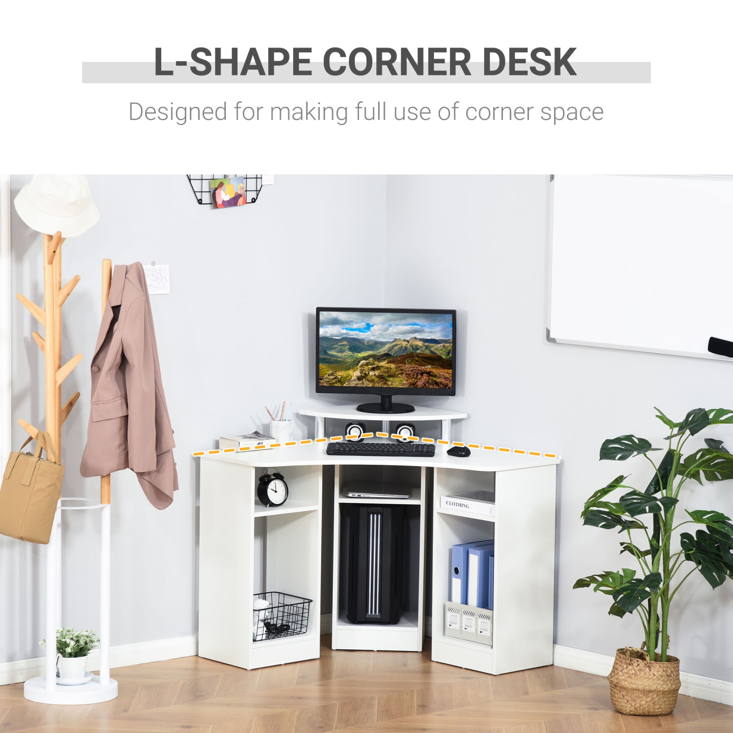 HOMCOM – Bureau d'ordinateur en L de 35 po avec support pour moniteur et tablettes ouvertes, bureau d'angle pour bureau à domicile, blanc