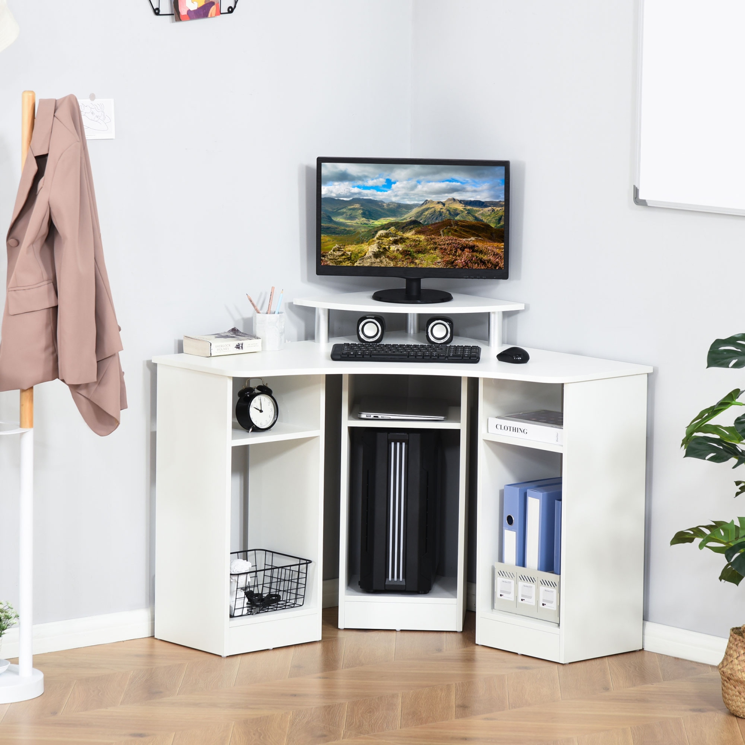 HOMCOM – Bureau d'ordinateur en L de 35 po avec support pour moniteur et tablettes ouvertes, bureau d'angle pour bureau à domicile, blanc