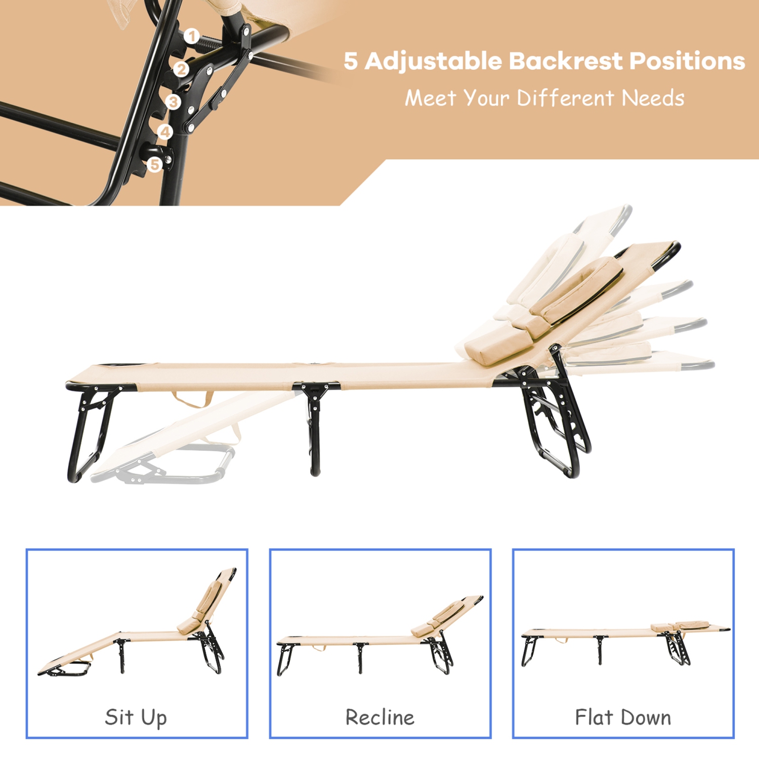 Gymax Folding Chaise Lounge Chair Bed Adjustable Beach Patio Camping Recliner