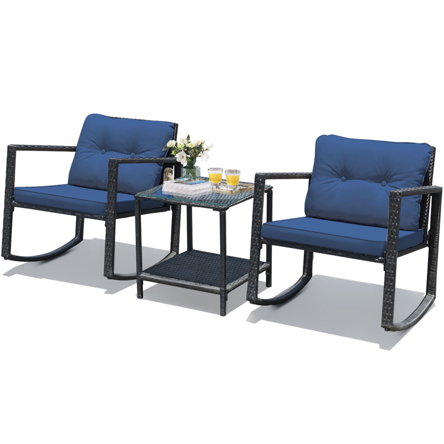 Gymax 3PCS Rattan Rocking Chair Table Set Patio Furniture Set w/ Navy Cushions
