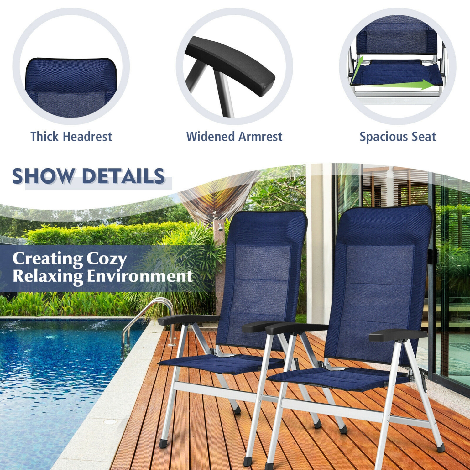 Gymax 4PCS Patio Dining Chair Aluminum Camping Adjust Portable Headrest Navy
