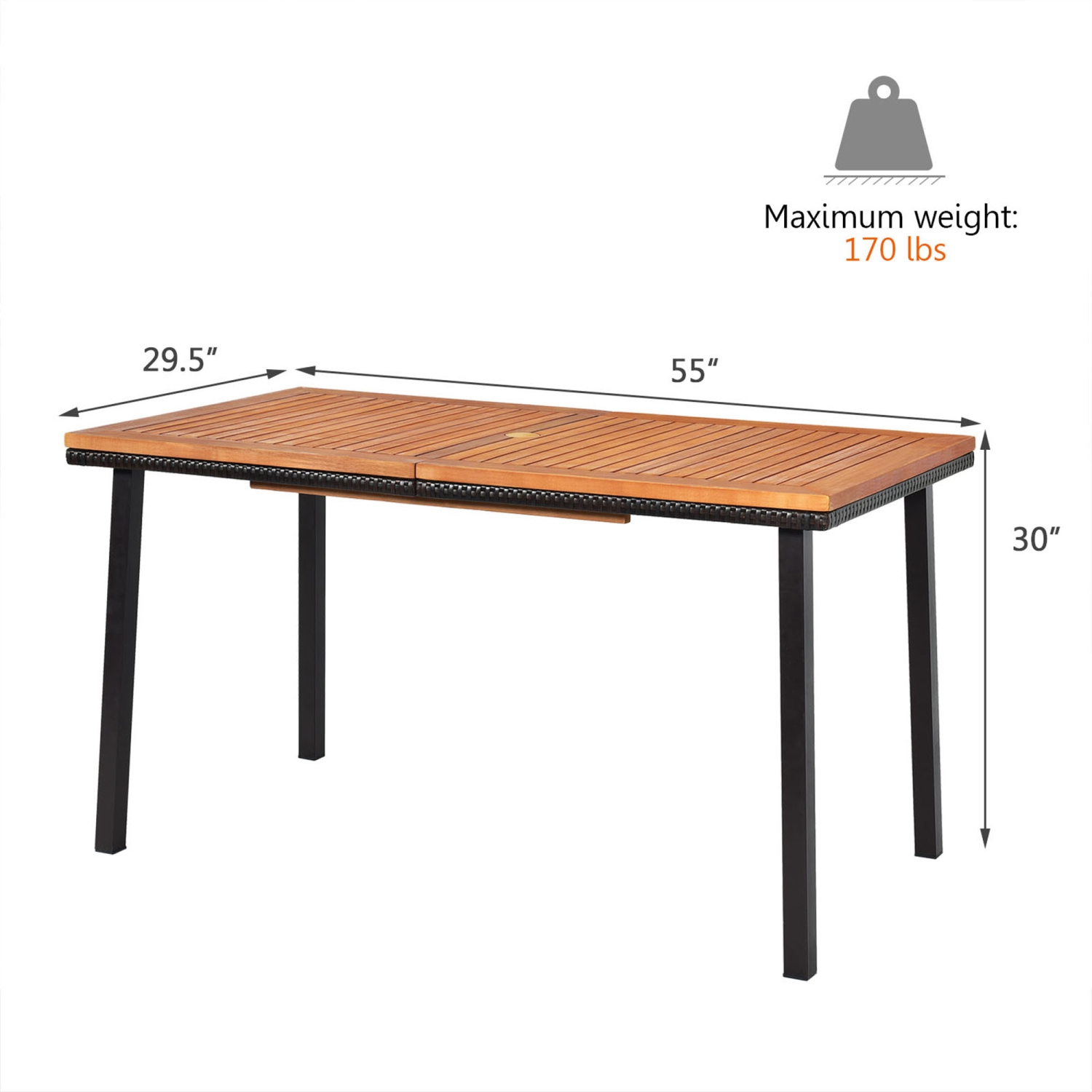Gymax – Table à Manger Extérieure Rectangulaire en Bois d’Acacia avec Trou de 2’’ pour Parasol