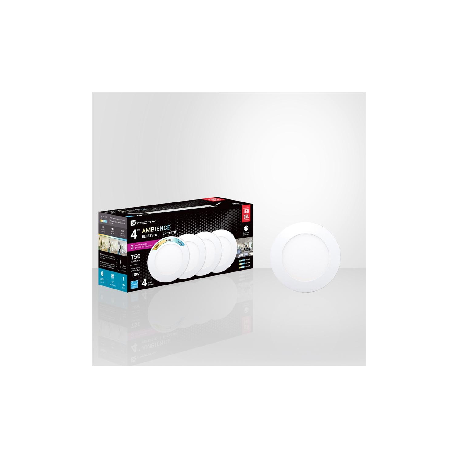 Xtricity - Set of 4 LED Recessed Lights, 4 '' Diameter, Dimmable, 10W, 3 Color Options