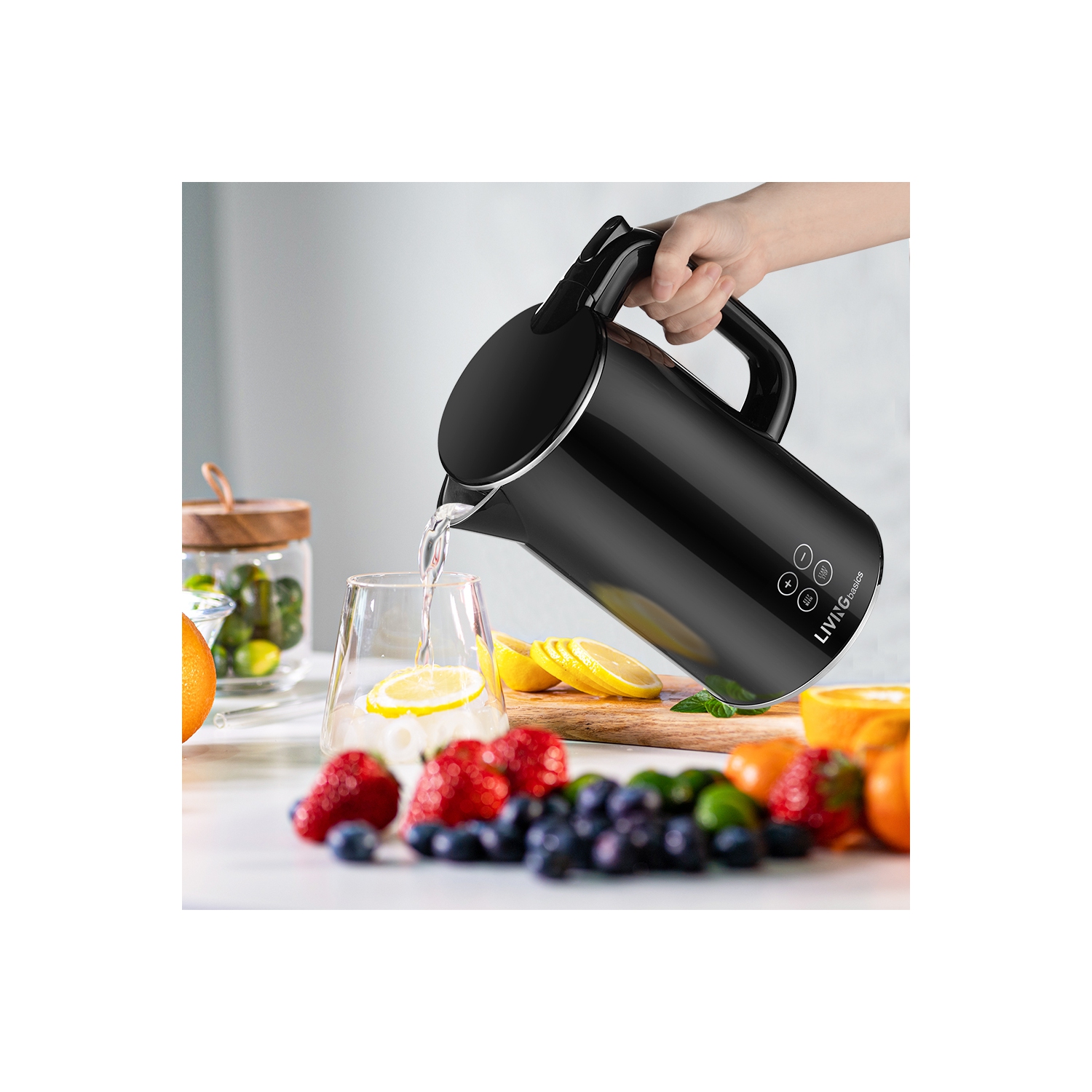 LIVINGbasics 1.7L Smart Temp Electric 1500W Digital Kettle - Cool Touch Double-layer Stainless Steel - Black