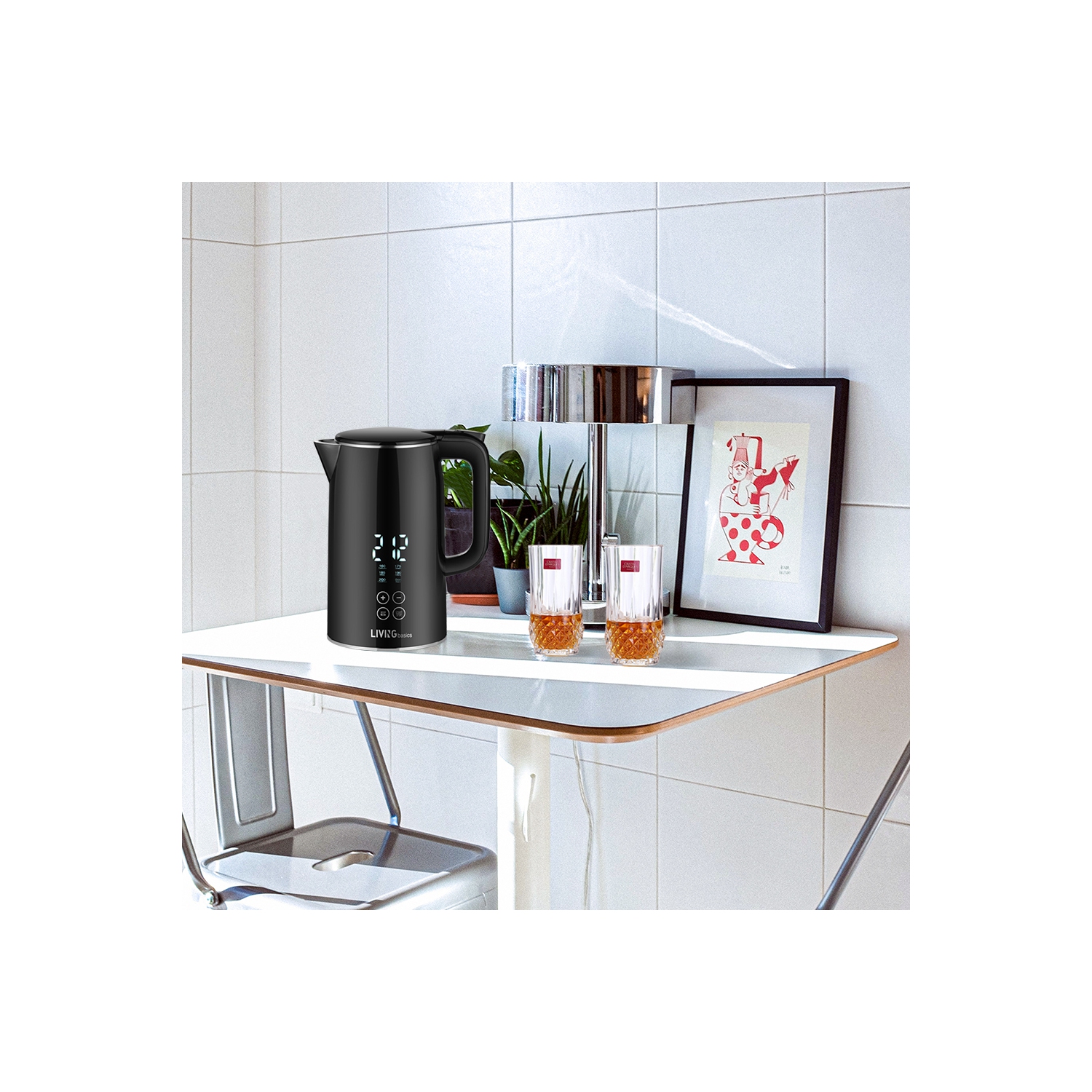 LIVINGbasics 1.7L Smart Temp Electric 1500W Digital Kettle - Cool Touch Double-layer Stainless Steel - Black