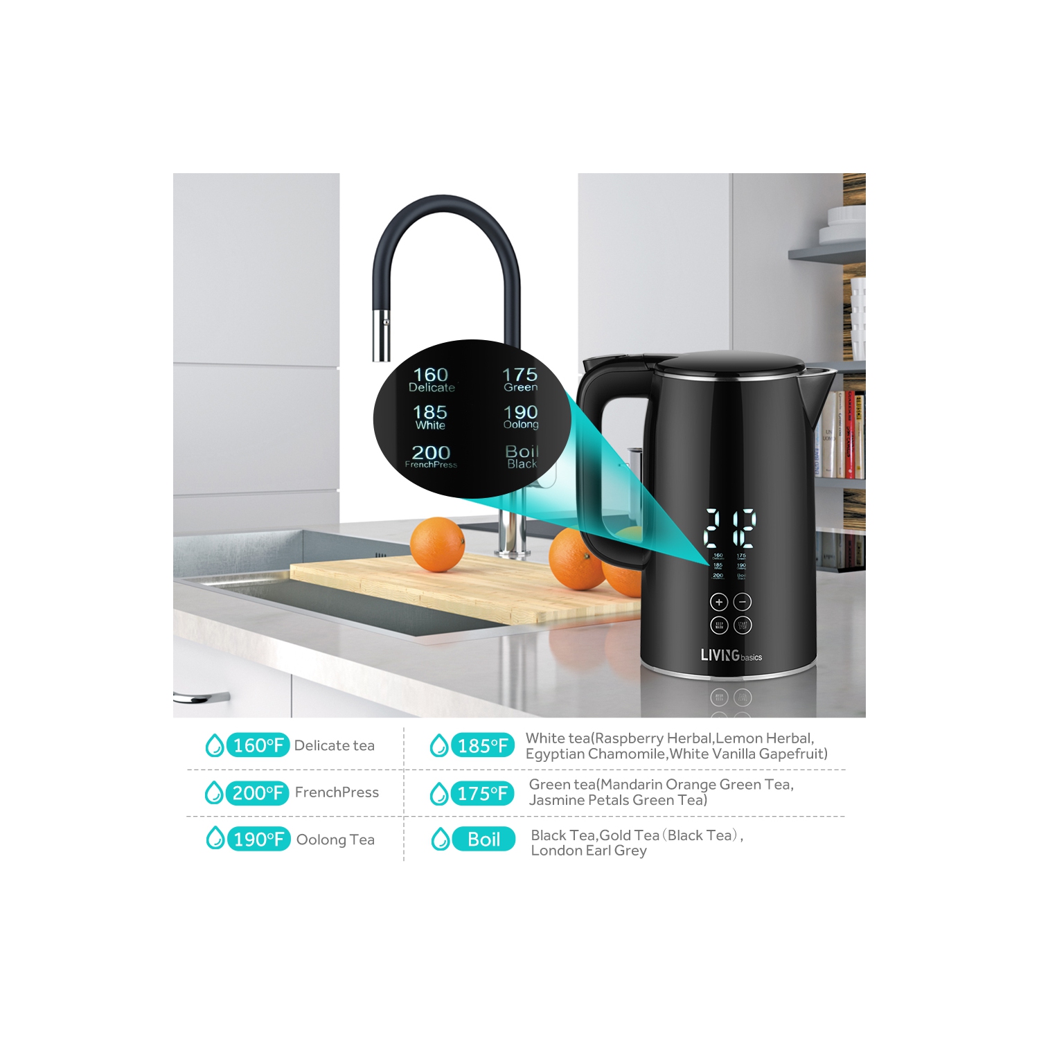 LIVINGbasics 1.7L Smart Temp Electric 1500W Digital Kettle - Cool Touch Double-layer Stainless Steel - Black