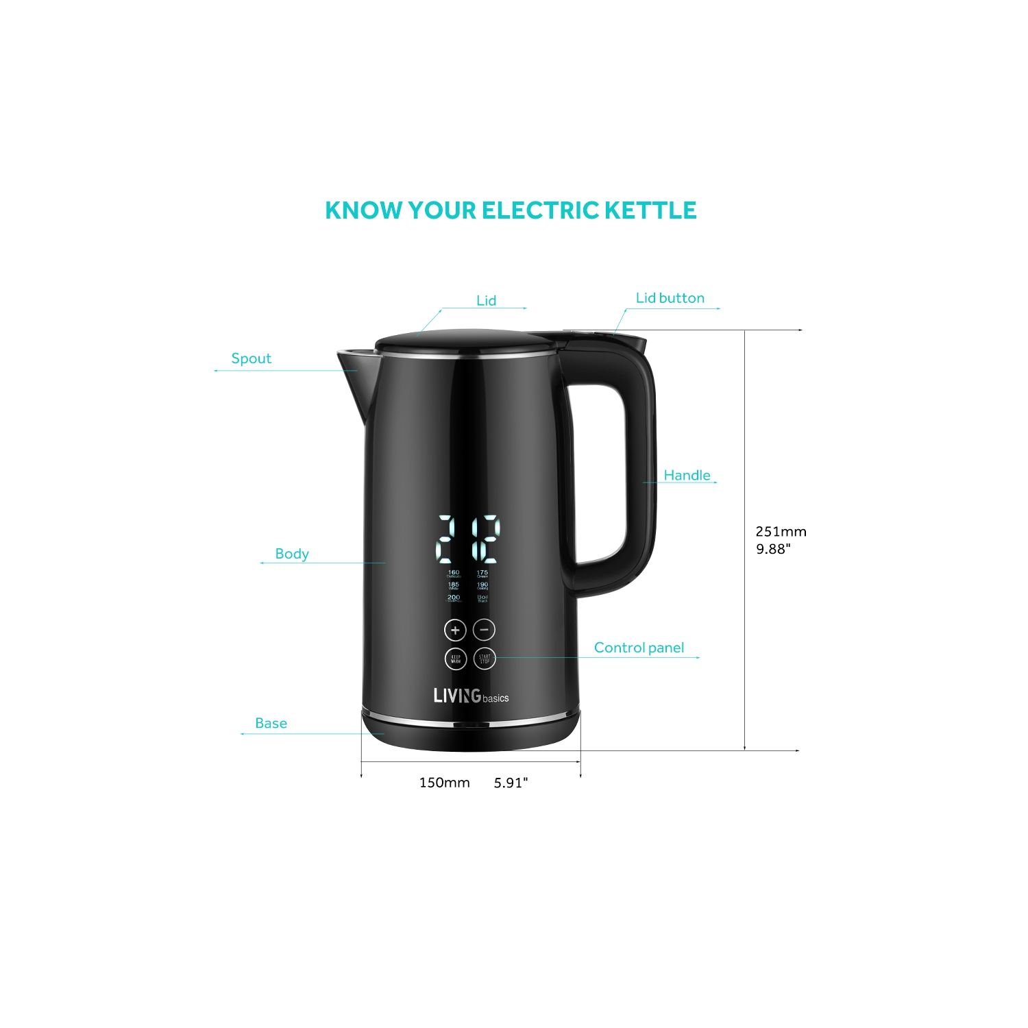 LIVINGbasics 1.7L Smart Temp Electric 1500W Digital Kettle - Cool Touch Double-layer Stainless Steel - Black