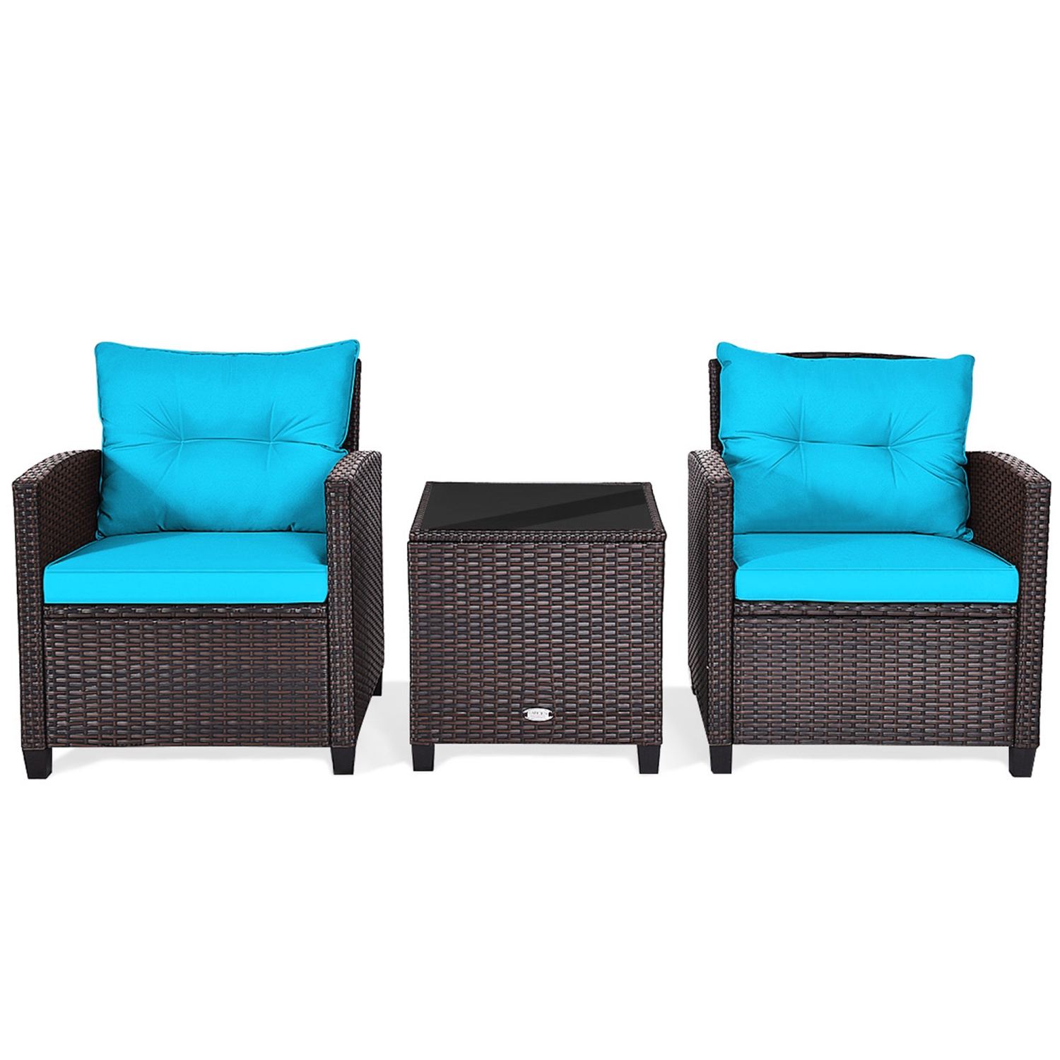 Gymax 3PCS Outdoor Patio Rattan Conversation Set w/ Coffee Table Turquoise Cushion