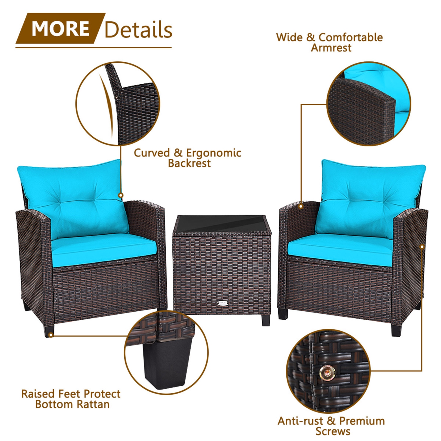 Gymax 3PCS Outdoor Patio Rattan Conversation Set w/ Coffee Table Turquoise Cushion