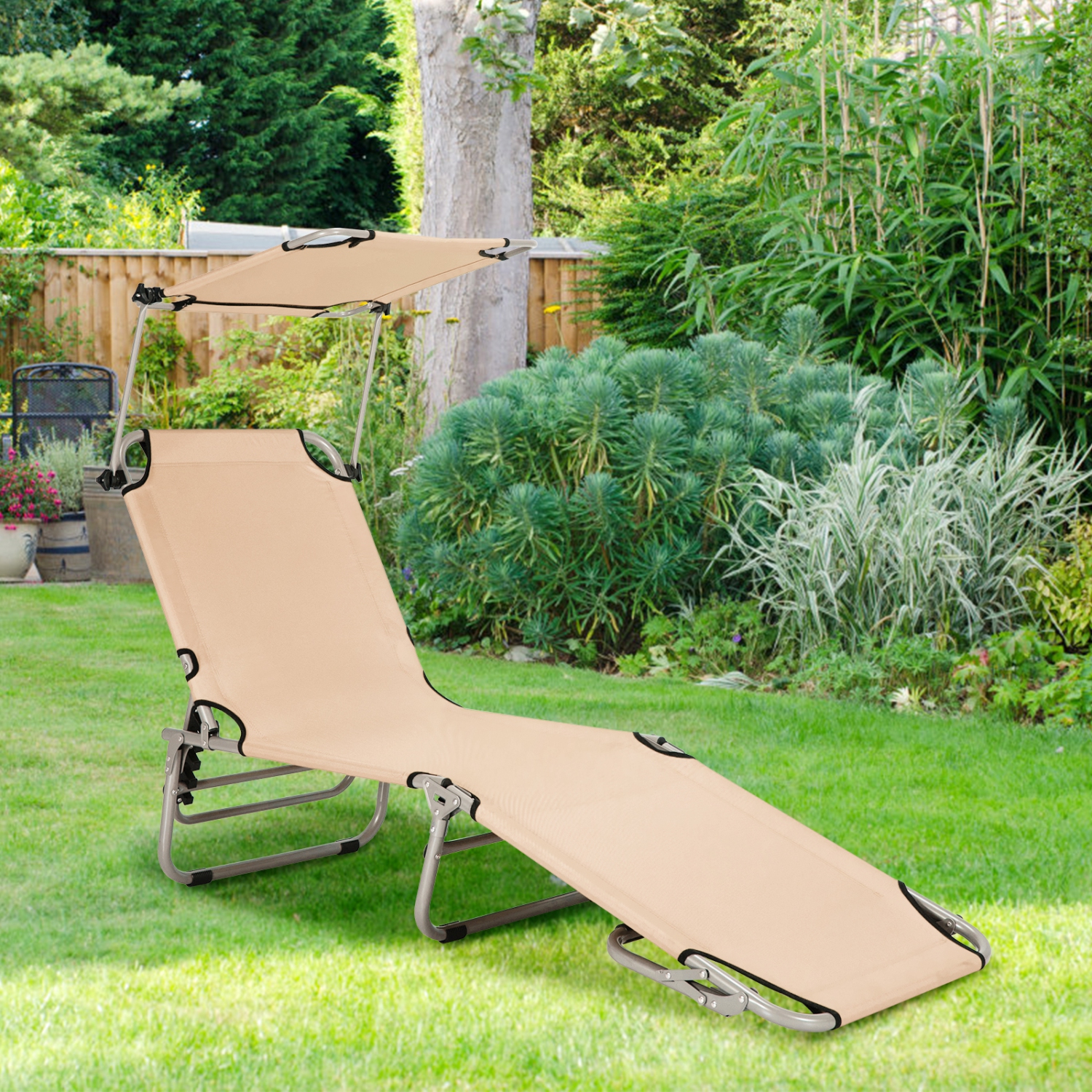 Chaise longue pliable de marque Gymax réglable en plein air plage Patio piscine inclinable avec pare-soleil Beige