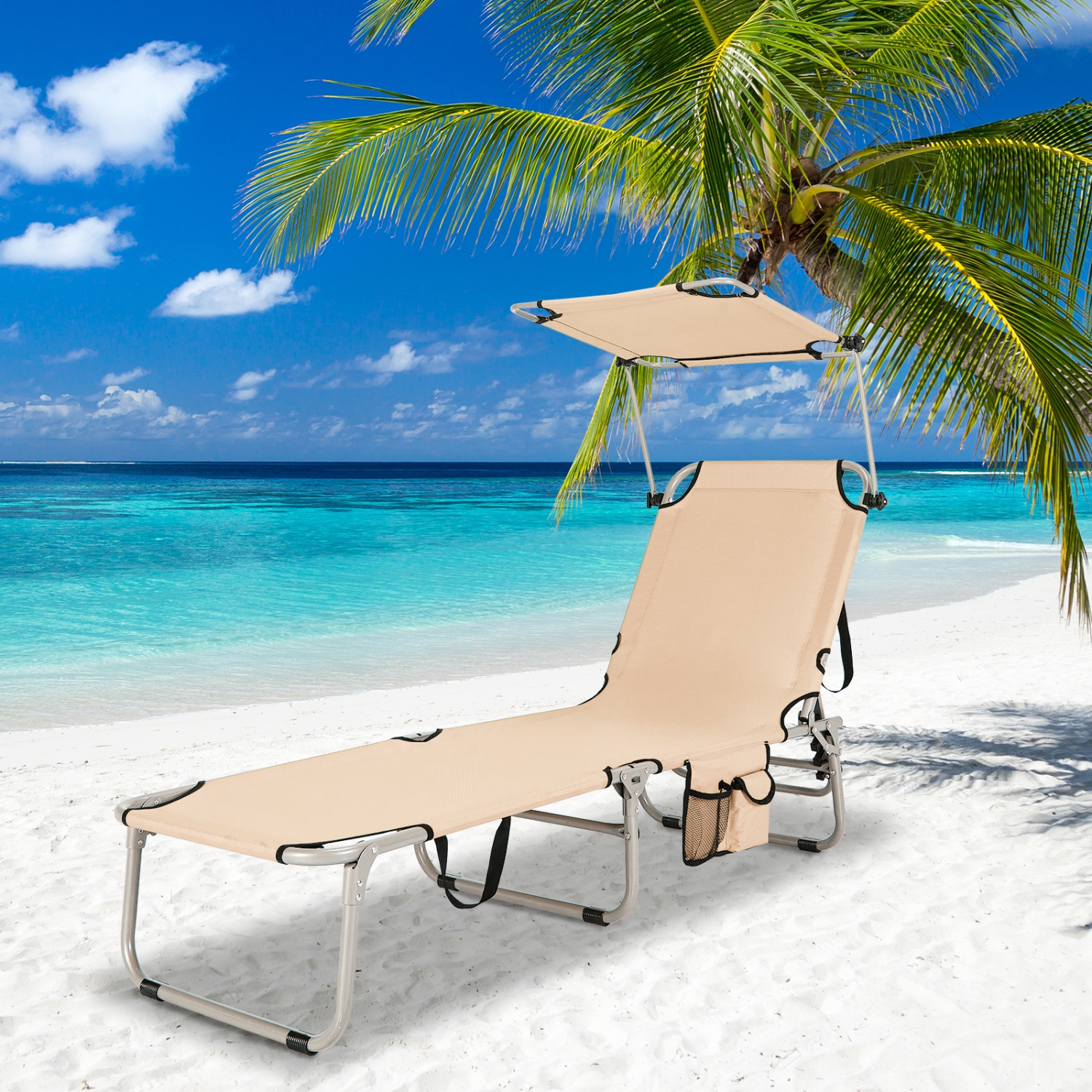 Chaise longue pliable de marque Gymax réglable en plein air plage Patio piscine inclinable avec pare-soleil Beige