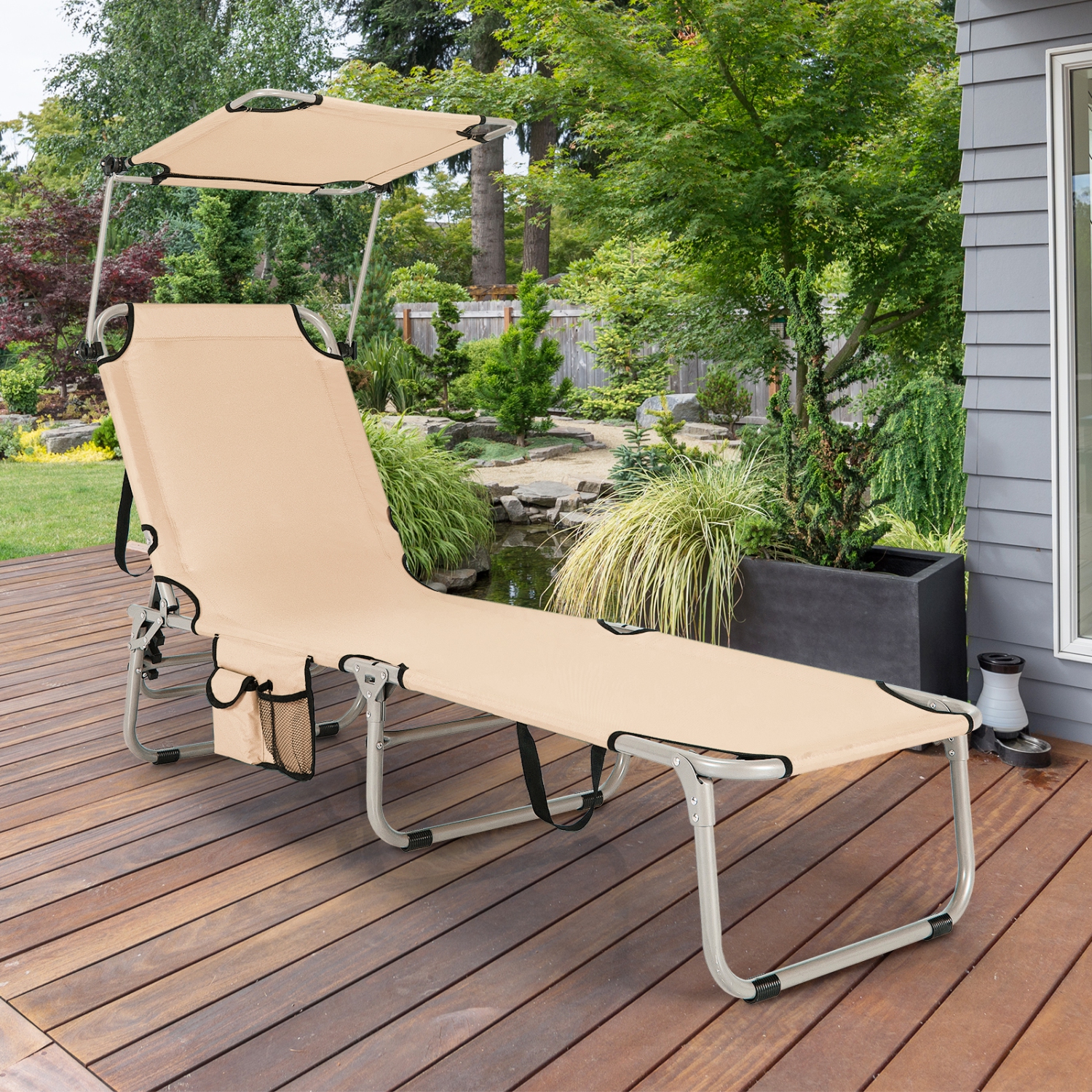 Chaise longue pliable de marque Gymax réglable en plein air plage Patio piscine inclinable avec pare-soleil Beige