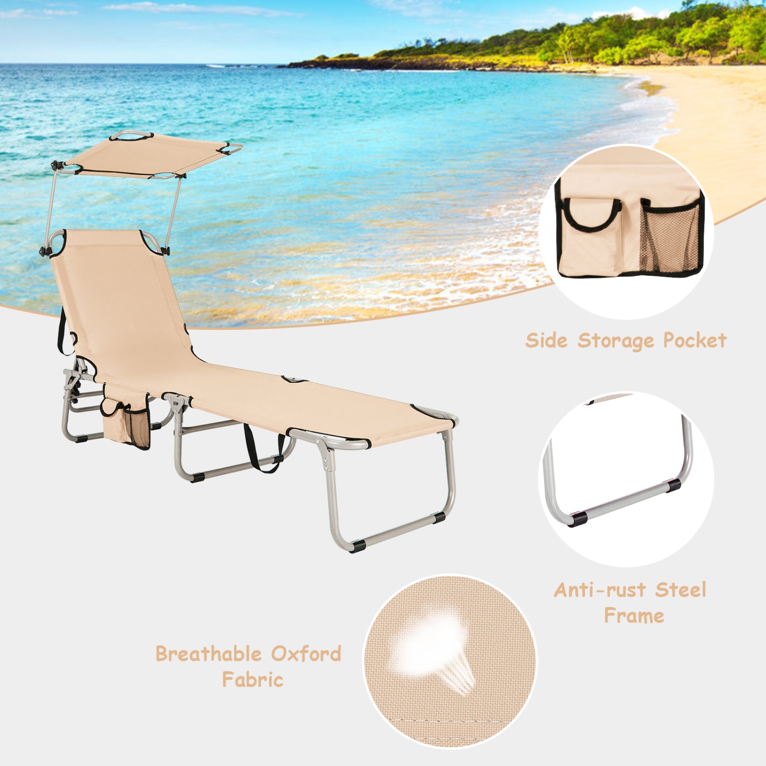 Chaise longue pliable de marque Gymax réglable en plein air plage Patio piscine inclinable avec pare-soleil Beige
