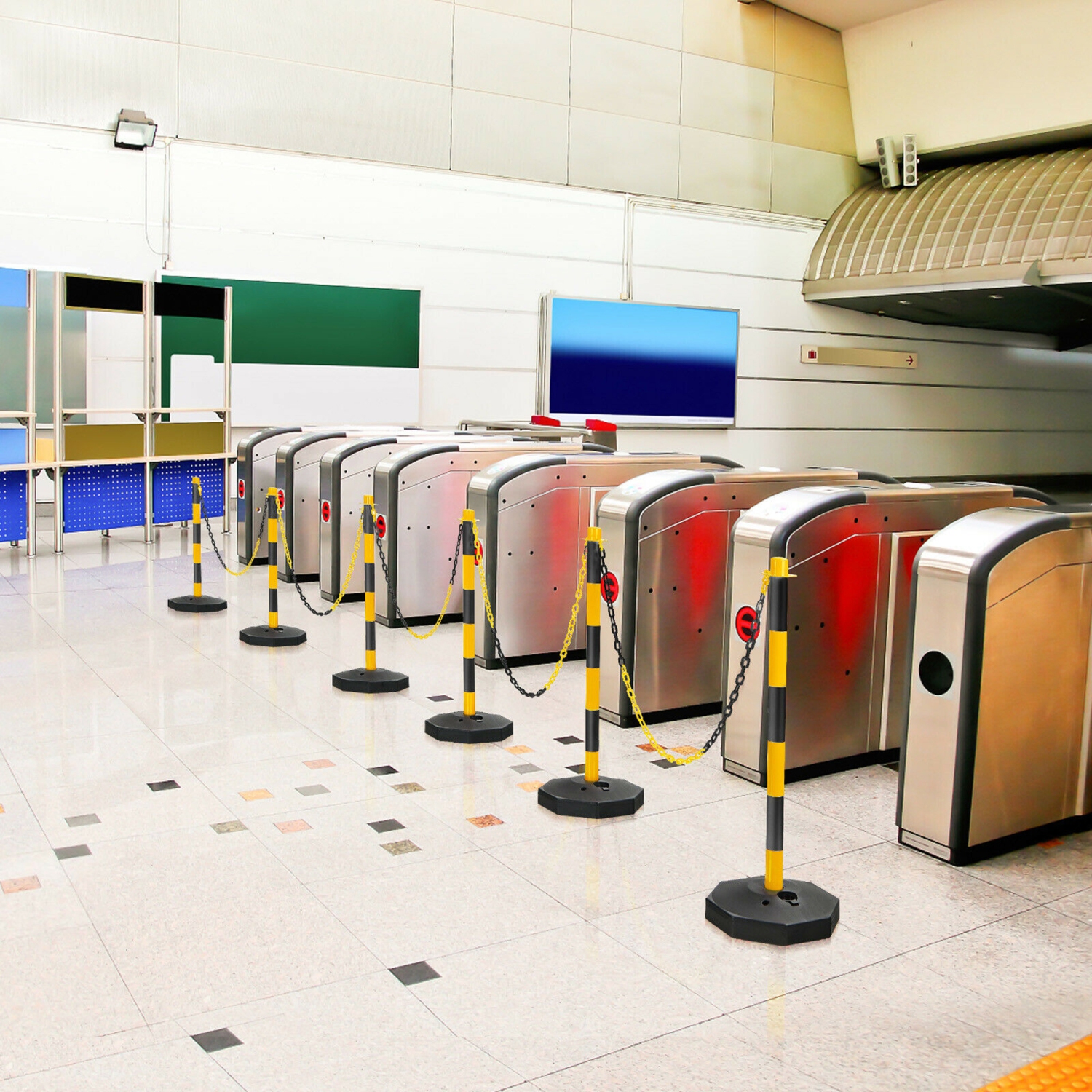 Gymax 6PCS Traffic Delineator Pole Safety Caution Barrier w/ 5ft Link Chains