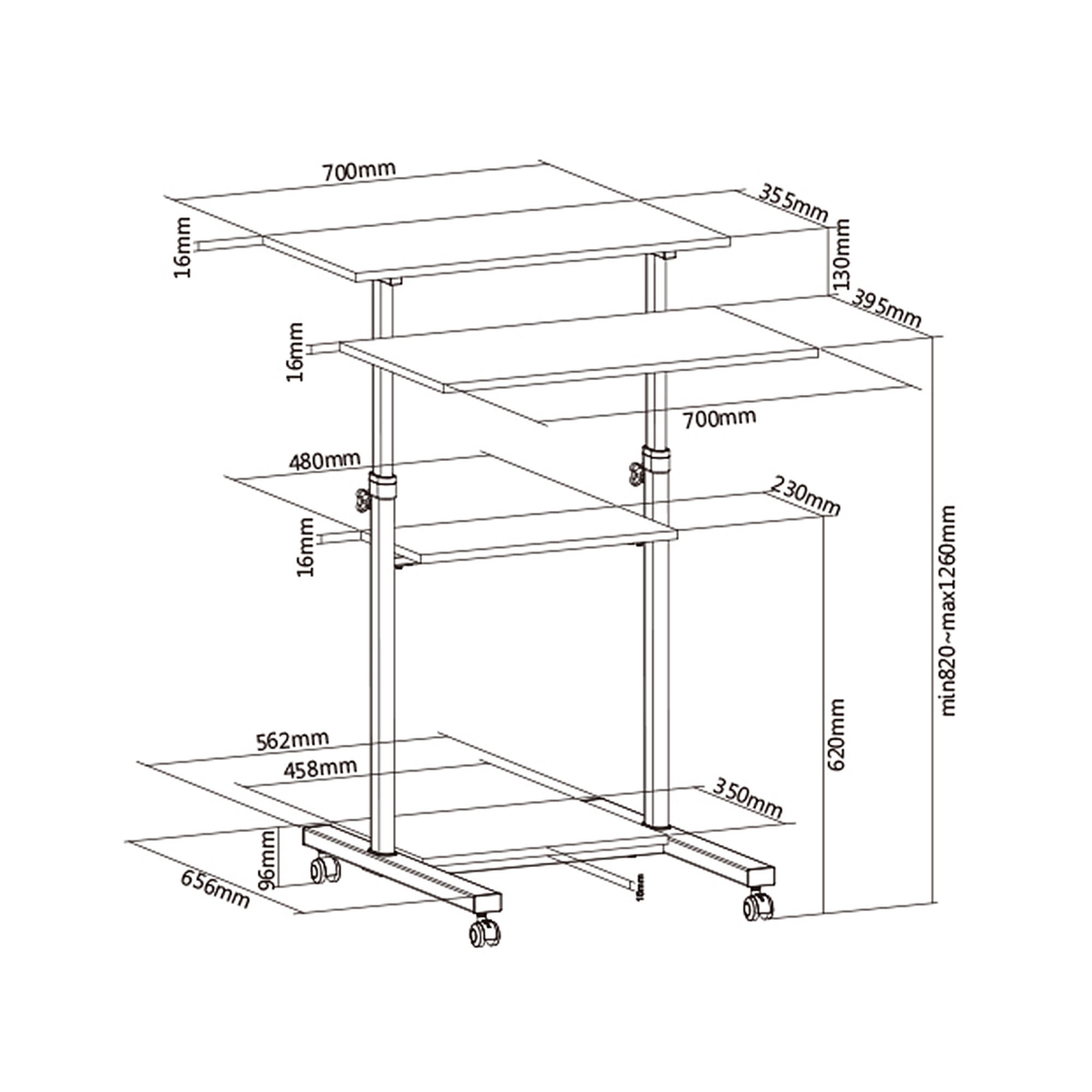 27.6 "Tâche Mobile Debout Bureau Ordinateur Station De Travail Roulant Présentation Chariot Hauteur Réglable Assis-Debout Table Debout Bureau