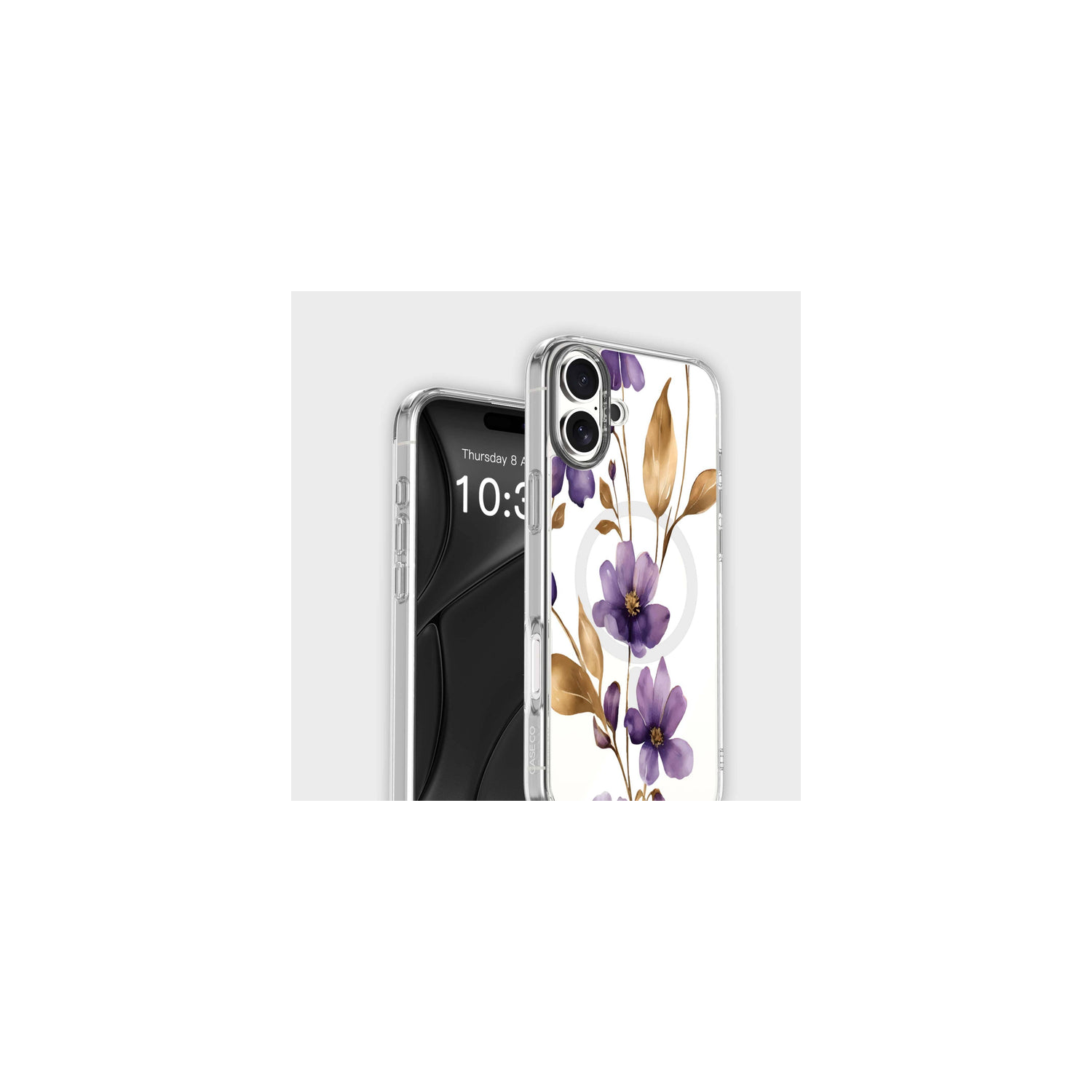 Étui transparent avec MagSafe pour iPhone 16 Purple Wildflower