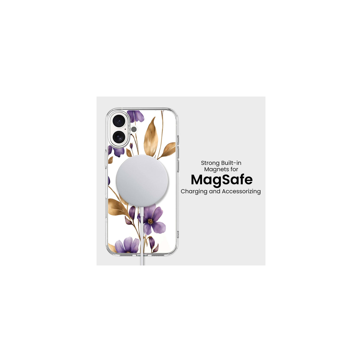 Étui transparent avec MagSafe pour iPhone 16 Purple Wildflower
