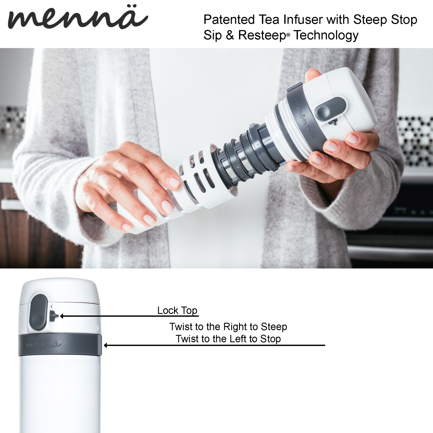 Double Walled Stainless Steel Tea & Beverage Travel Mug with Patented Infuser Control 16oz.