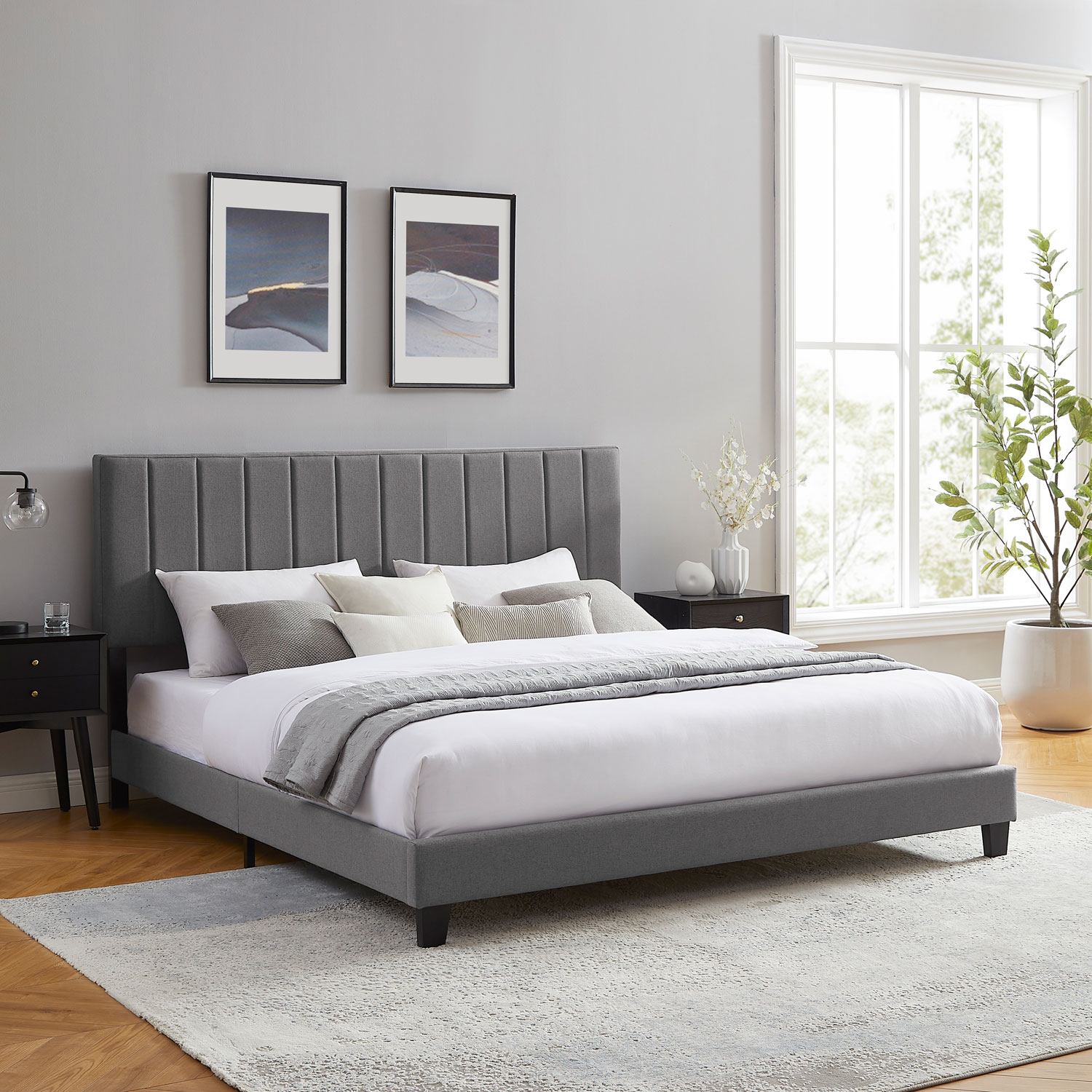 Liore Transitional Upholstered Platform Bed - King - Dark Grey