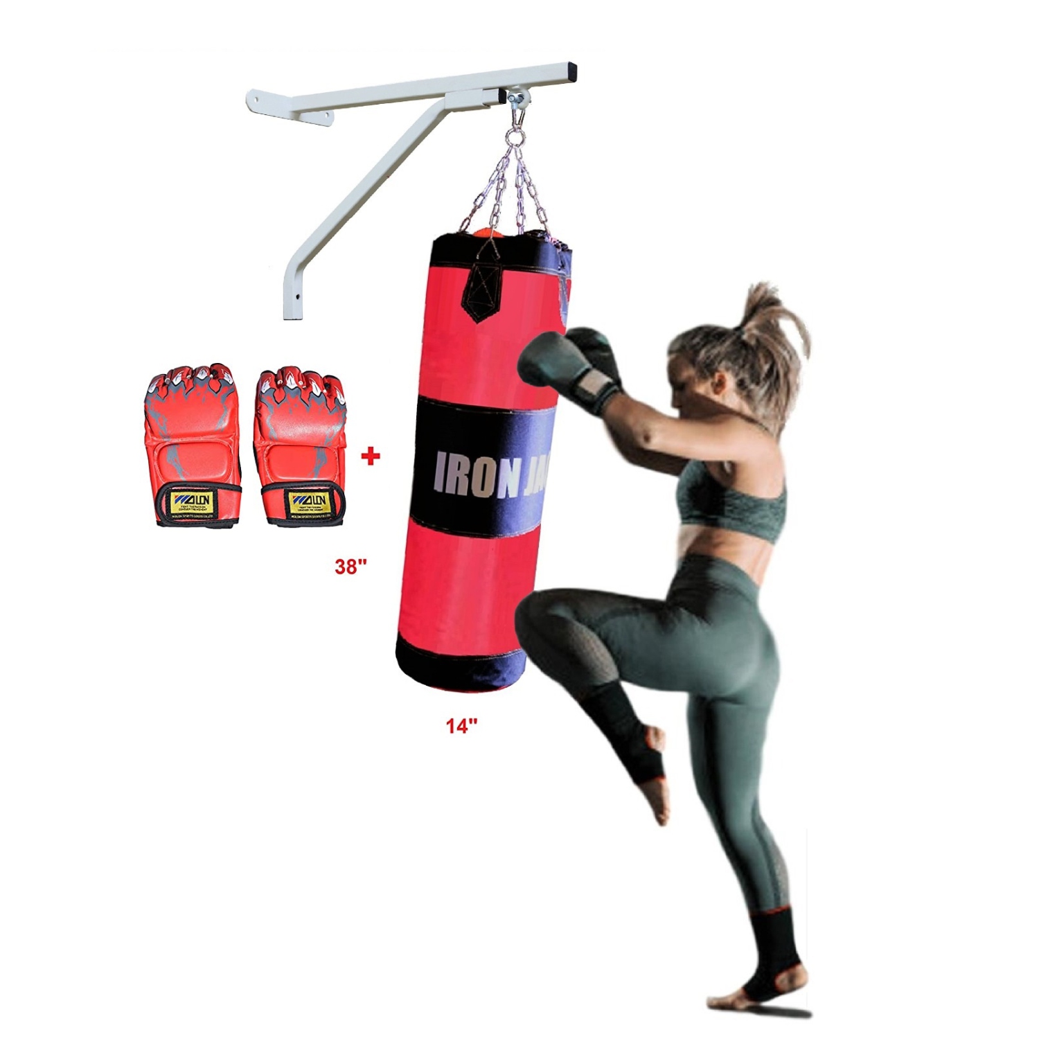 Iron Jack Heavy Bag Punching Bag Unfilled 3 in 1 Full Set, Includes Wall Mount Hanger with Chains, Pair of MMA Gloves, Boxing Bag, for KickBoxing,