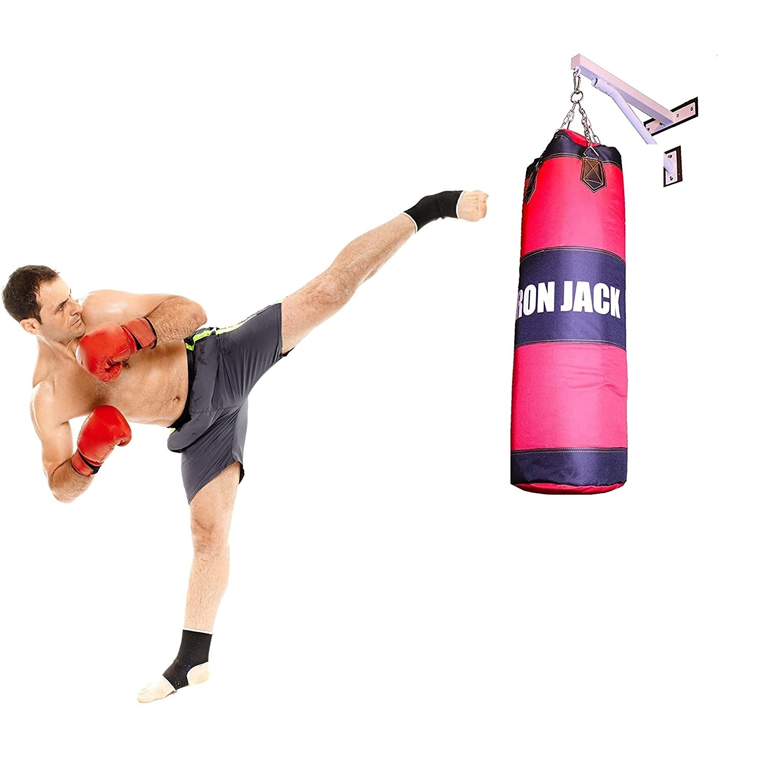Iron Jack Heavy Bag Punching Bag Unfilled 3 in 1 Full Set, Includes Wall Mount Hanger with Chains, Pair of MMA Gloves, Boxing Bag, for KickBoxing,