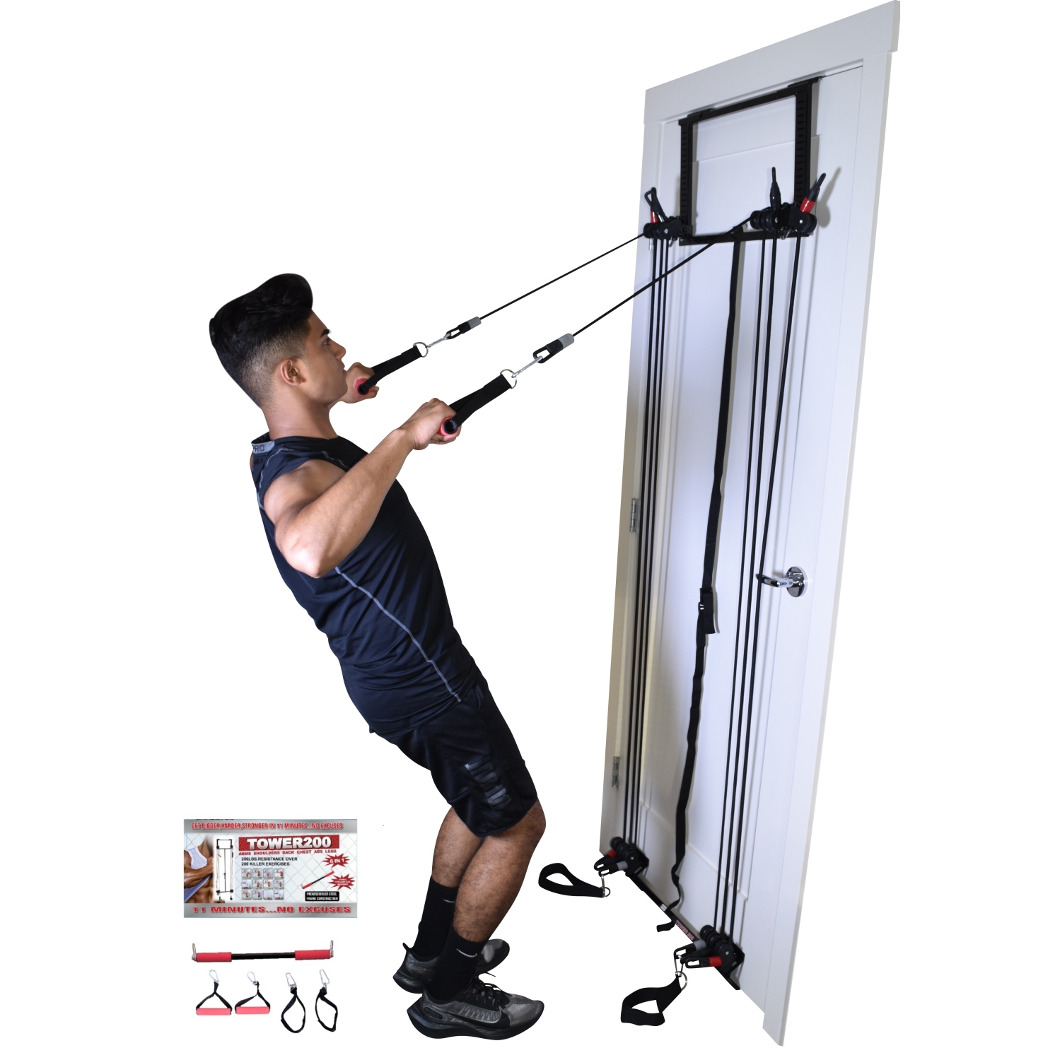 Tower 200 Complete Door Gym Full Body Workout, Home Gym Fitness Exercise System Total Body Strength Training, Includes Heavy Duty Resistance Bands,