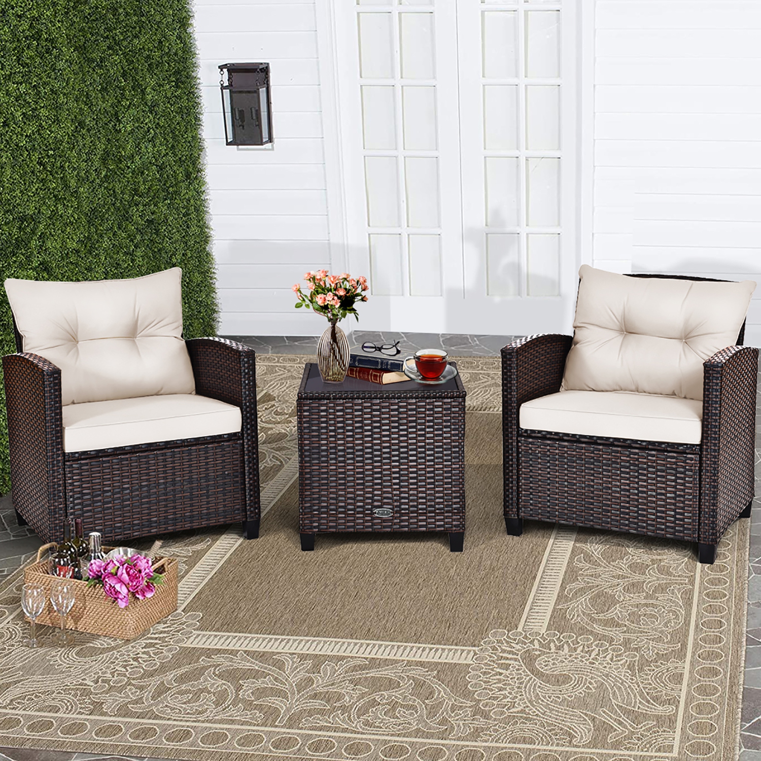 Costway 3PCS Patio Rattan Furniture Set Cushioned Conversation Set Sofa