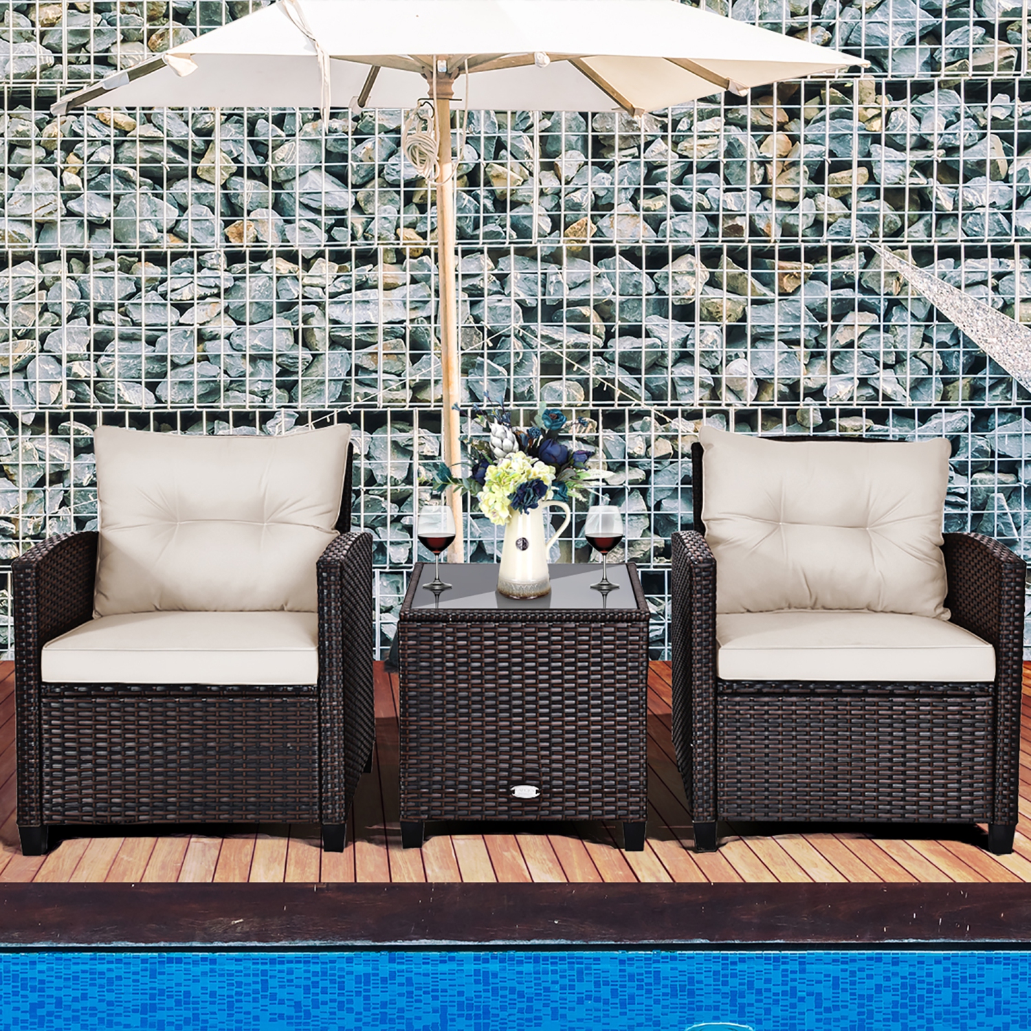 Costway 3PCS Patio Rattan Furniture Set Cushioned Conversation Set Sofa