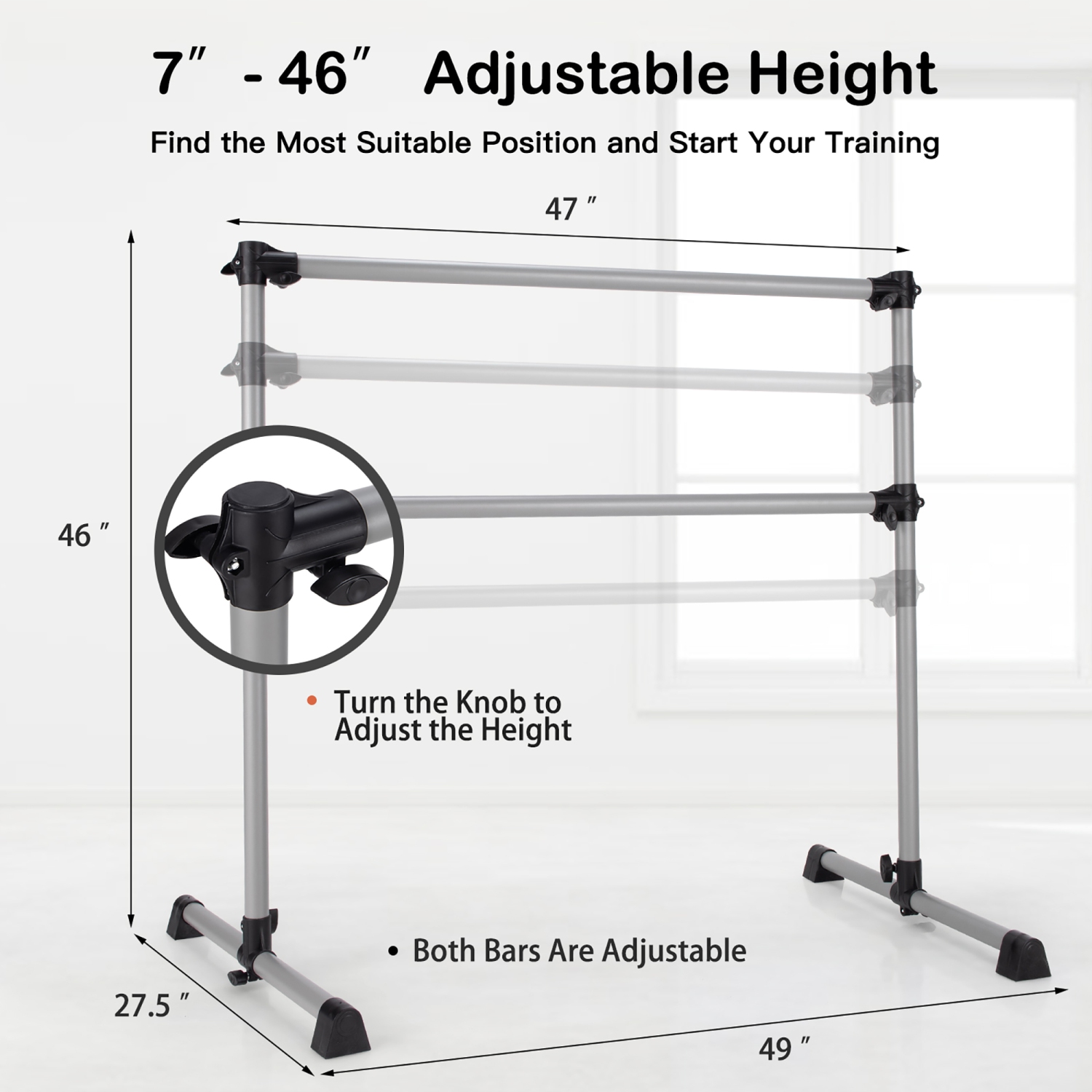 Goplus Double Ballet Barre - 4ft Portable Freestanding Bar, 7" To 46" Adjustable Height, For Home, Studio, Gym