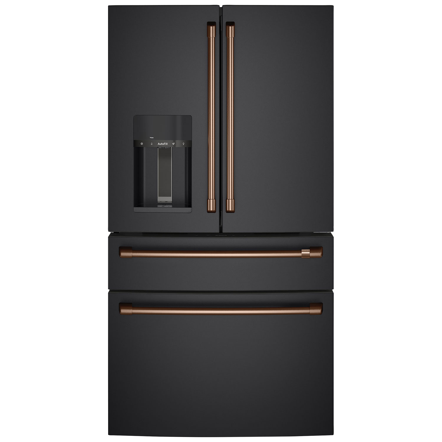 black fridge with copper handles