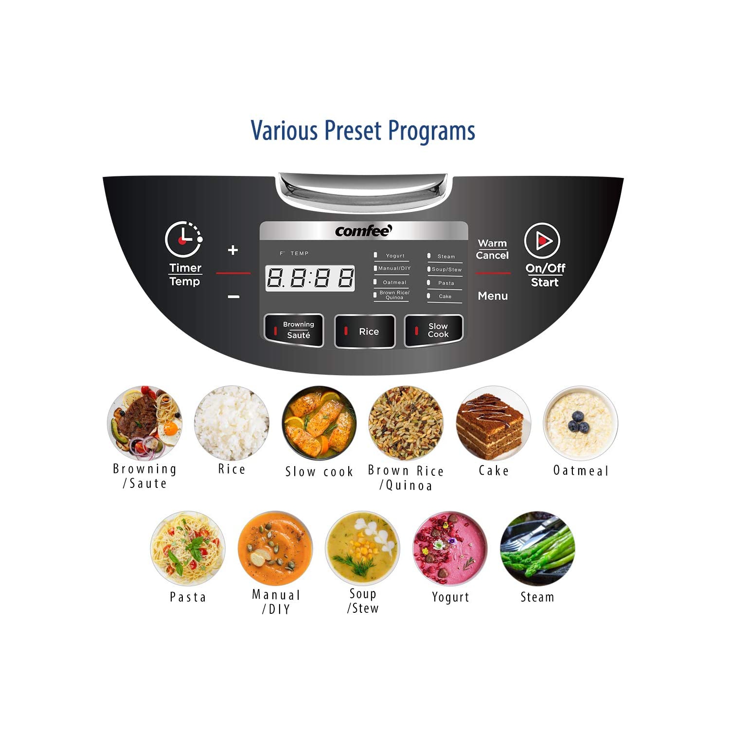 COMFEE' 10-Cup Fuzzy Logic Rice Cooker with 11 Presets, Auto Keep Warm, and 24-Hour Delay Timer, Multi-Function Asian Style Cooker