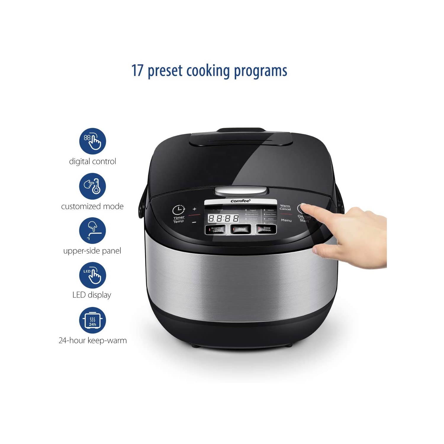 COMFEE' 10-Cup Fuzzy Logic Rice Cooker with 11 Presets, Auto Keep Warm, and 24-Hour Delay Timer, Multi-Function Asian Style Cooker