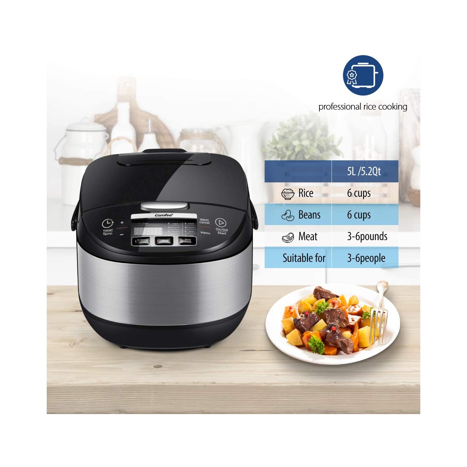 COMFEE' 10-Cup Fuzzy Logic Rice Cooker with 11 Presets, Auto Keep Warm, and 24-Hour Delay Timer, Multi-Function Asian Style Cooker