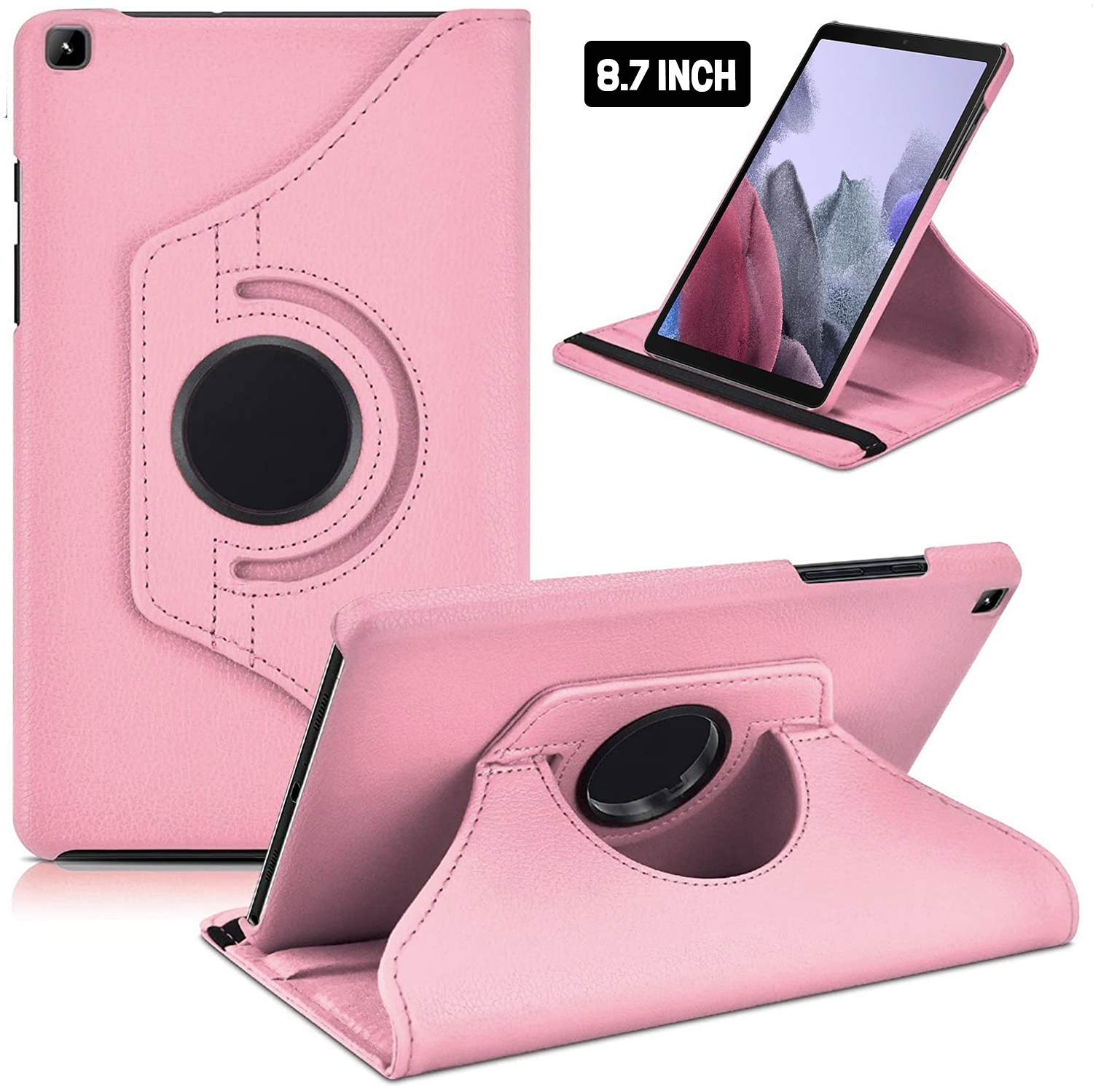 Samsung Galaxy Tab A7 Lite 8.7 inches 2021 360° Swivel Rotating Case, (Model SM-T220/225), Multi-Angle Viewing Stand, PU Leather Case, Auto Wake Up/Sleep with Protective Elastic Strap, Light Pink