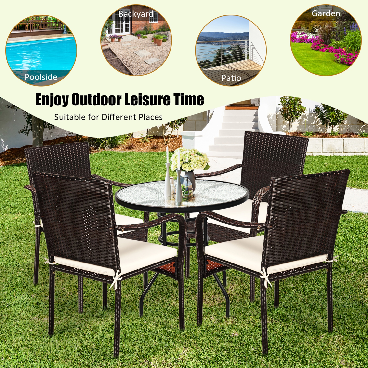 Costway Set of 4 Patio Rattan Dining Chair Stackable Cushioned Armrest Garden