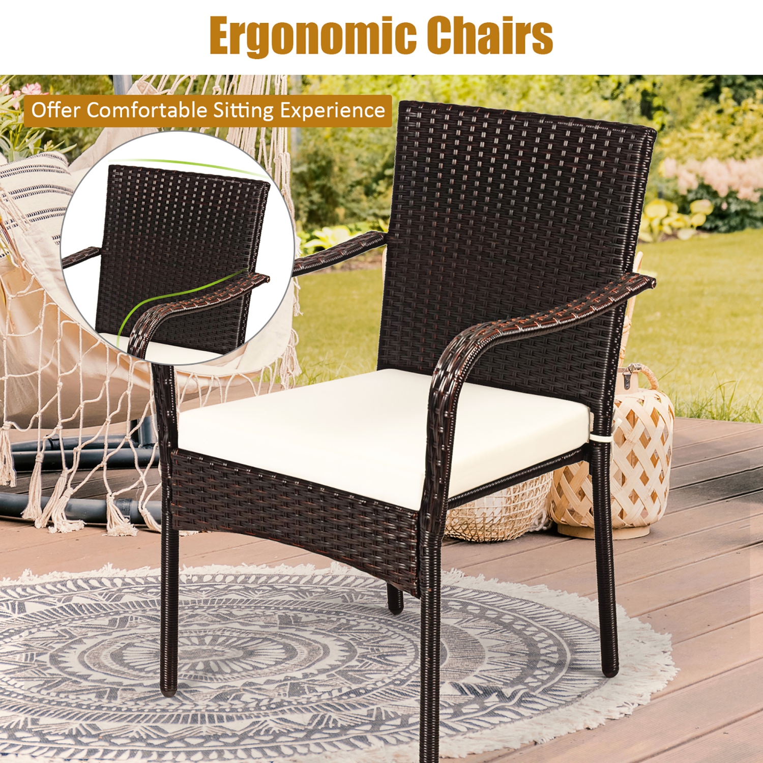 Costway Set of 4 Patio Rattan Dining Chair Stackable Cushioned Armrest Garden